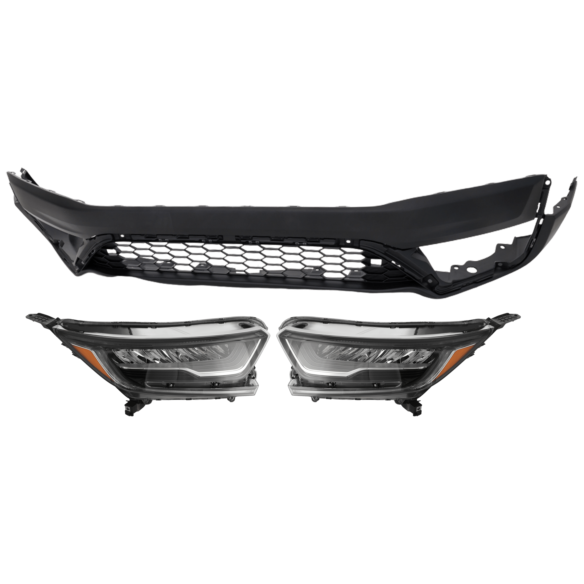 AM CR V 20-21 HEAD LAMP RH AND LH 3 pc Kit Assembly LED with Bumper Cover SKU KIT 072926 NM200 Partslink HO2502182 HO2503182 HO1015122 OEM 33100TLAA11-33150TLAA11-71102T