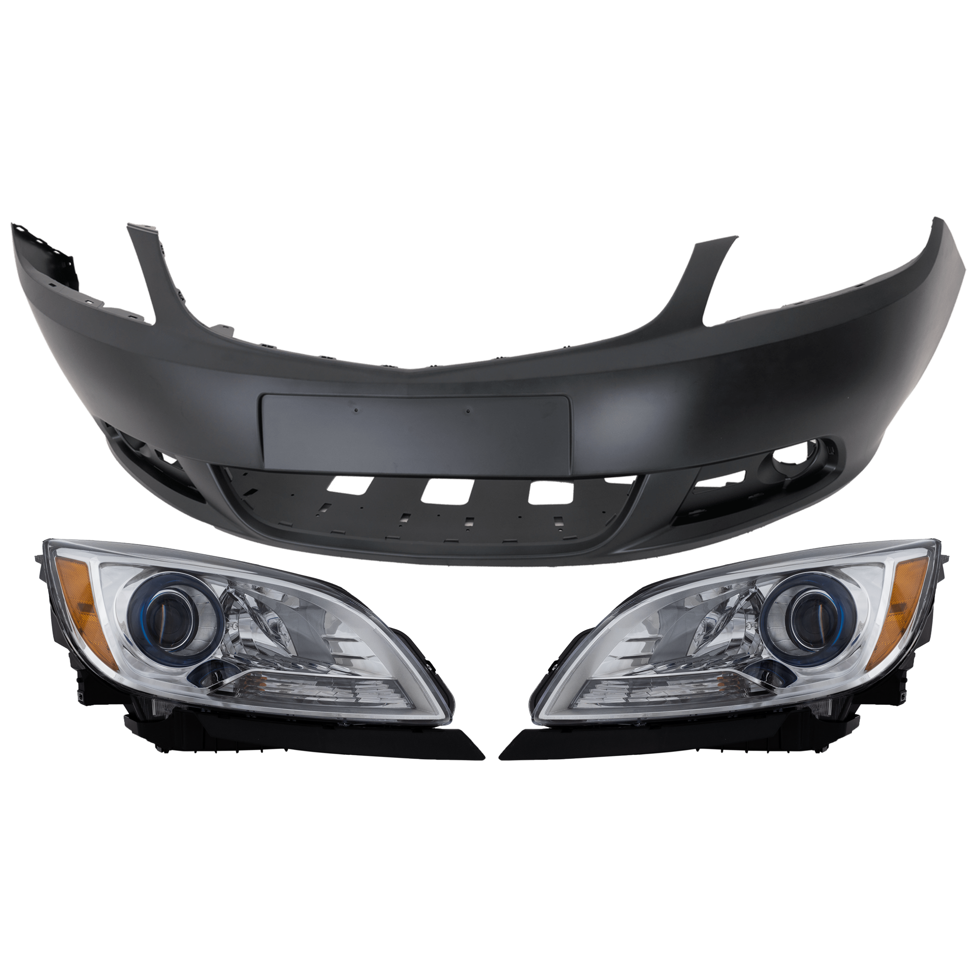 AM VERANO 12-17 FRONT BUMPER COVER 3 pc Kit Primed w or w o Fog Light Holes with Headlight CAPA SKU KIT 072926 NM201 Partslink GM1000930C GM2502360C GM2503360C OEM 20984570-23216003-23216004