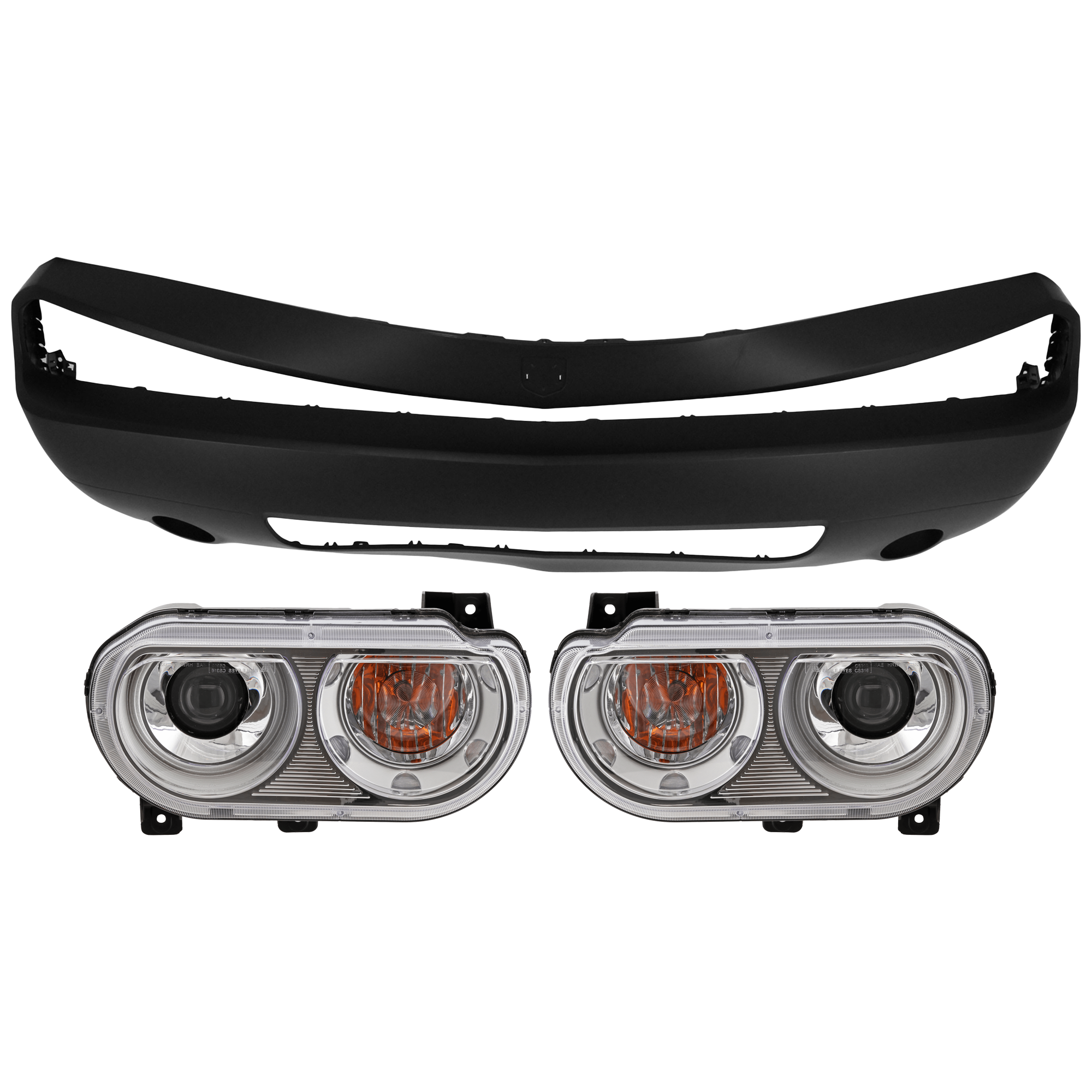 AM CHALLENGER 08-10 HEAD LAMP RH AND LH 3 pc Kit Lens and Housing HID Xenon with Bumper Cover SKU KIT 072926 NM205 Partslink CH2502219 CH2503219 CH1000969 OEM 5028778AB 5028779AB 68043387AB