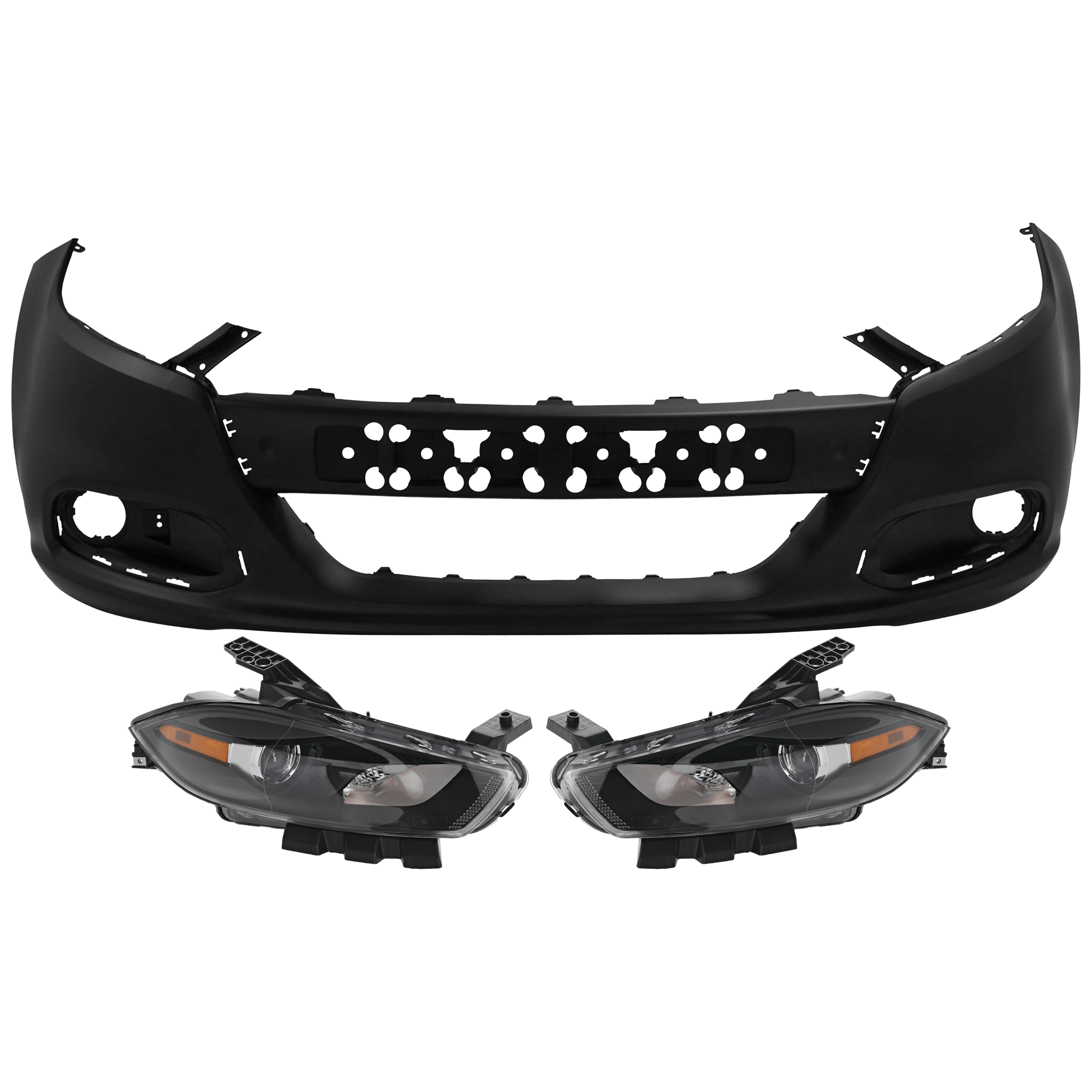 AM DART 13-16 HEAD LAMP RH AND LH 3 pc Kit Assembly Halogen with Bumper Cover SKU KIT 072926 NM208 Partslink CH2502240 CH2503240 CH1000A29 OEM 68085140AL 68085141AL 1TS71TZZ