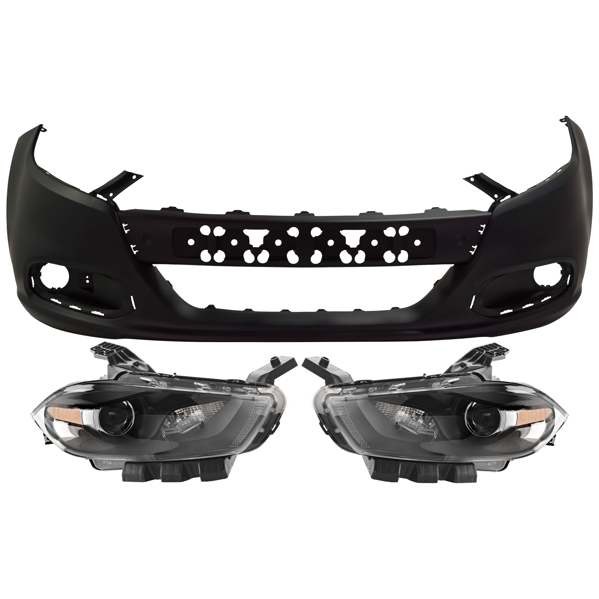 AM DART 13-16 HEAD LAMP RH AND LH 3 pc Kit Lens and Housing HID Xenon with Bumper Cover SKU KIT 072926 NM212 Partslink CH2518145 CH2519145 CH1000A29 OEM 68292808AB 68292809AB 1TS71TZZ