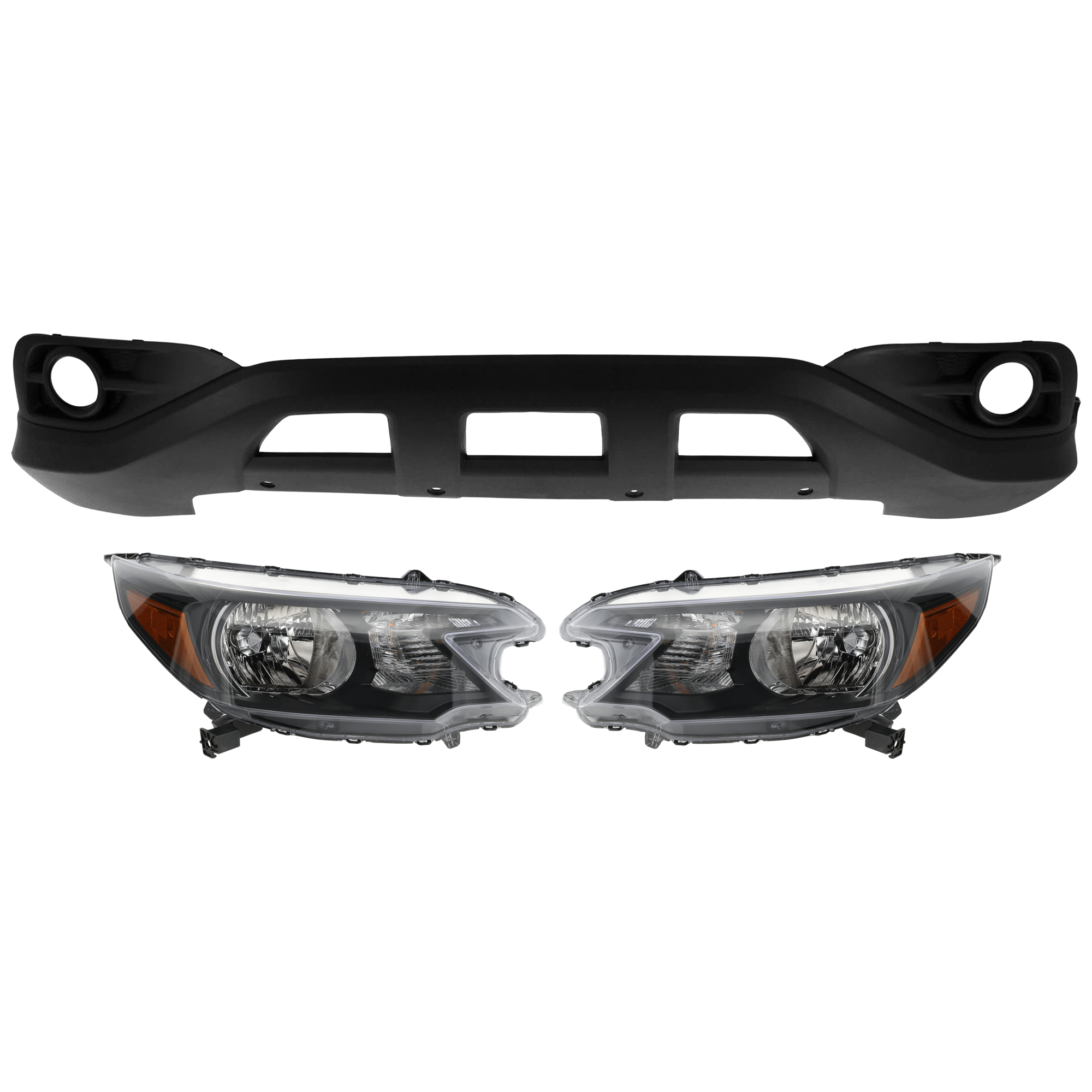 AM CR V 12-14 HEAD LAMP RH AND LH 3 pc Kit Assembly Halogen with Bumper Cover SKU KIT 072926 NM214 Partslink HO1015107C HO2502148C HO2503148C OEM 04712T0AA90-33100T0AA01-33150T