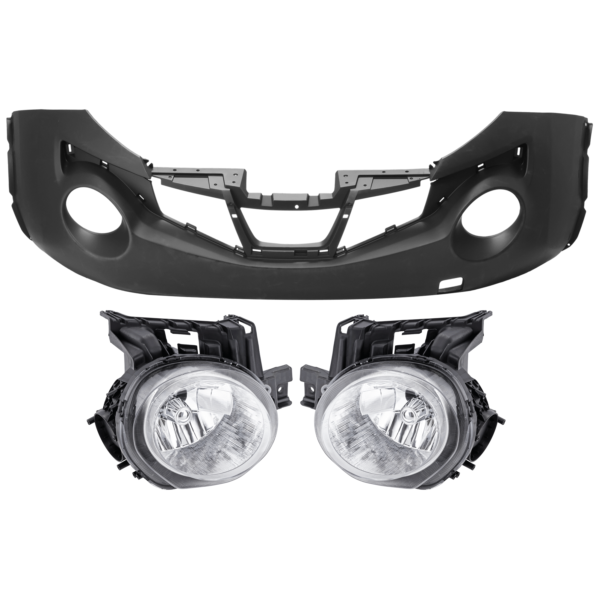 AM JUKE 11-14 FRONT BUMPER COVER 3 pc Kit Primed w Tow Hook Holes w o Tow Hook Cover with Headlight SKU KIT 072926 NM220 Partslink NI1000279 NI2503201 NI2502201 OEM FBM221KM5H 260101KM0A 260601KM