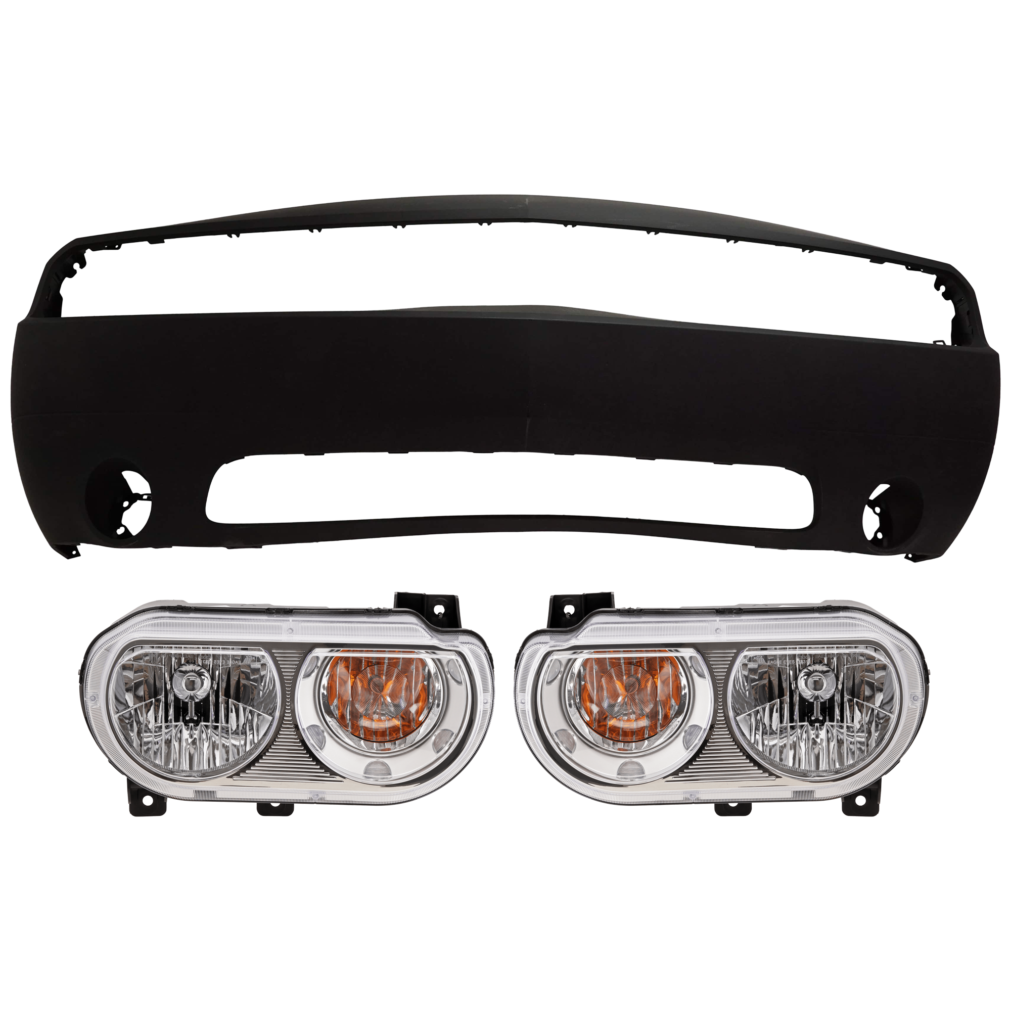 AM CHALLENGER 11-14 FRONT BUMPER COVER 3 pc Kit Primed with Headlight SKU KIT 072926 NM225 Partslink CH1000994 CH2519137 CH2518137 OEM 68109836AB 5028776AA 5028777AA