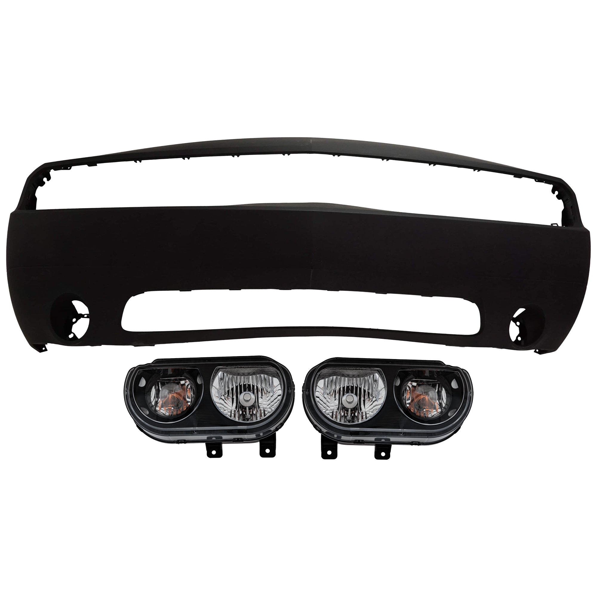 AM CHALLENGER 11-14 FRONT BUMPER COVER 3 pc Kit Primed with Headlight SKU KIT 072926 NM226 Partslink CH1000994 CH2503358 CH2502358 OEM 68109836AB 5028776AA PFM 50287