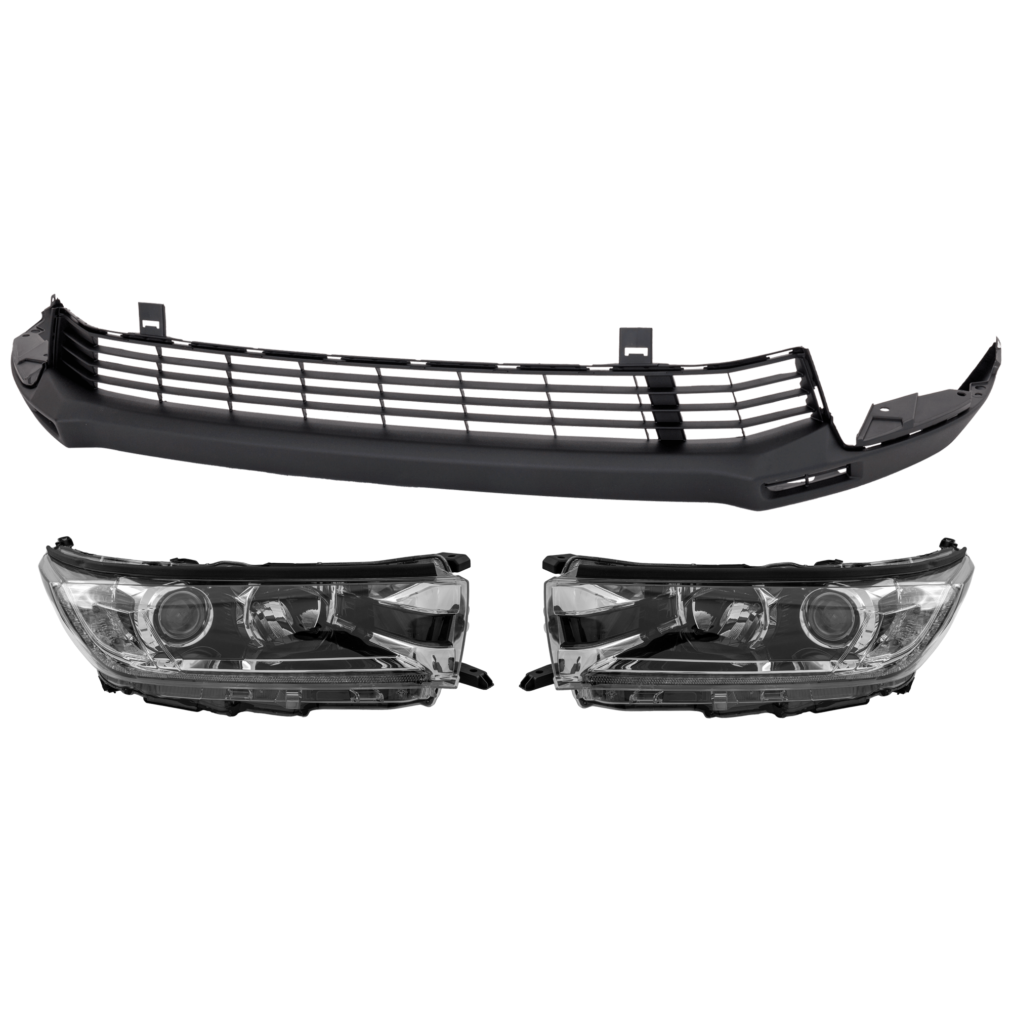AM HIGHLANDER 17-18 HEAD LAMP RH AND LH 3 pc Kit Assembly Halogen with Bumper Cover SKU KIT 072926 NM229 Partslink TO2502258 TO2503258 TO1015111 OEM 811100E360-811500E360-521290E0