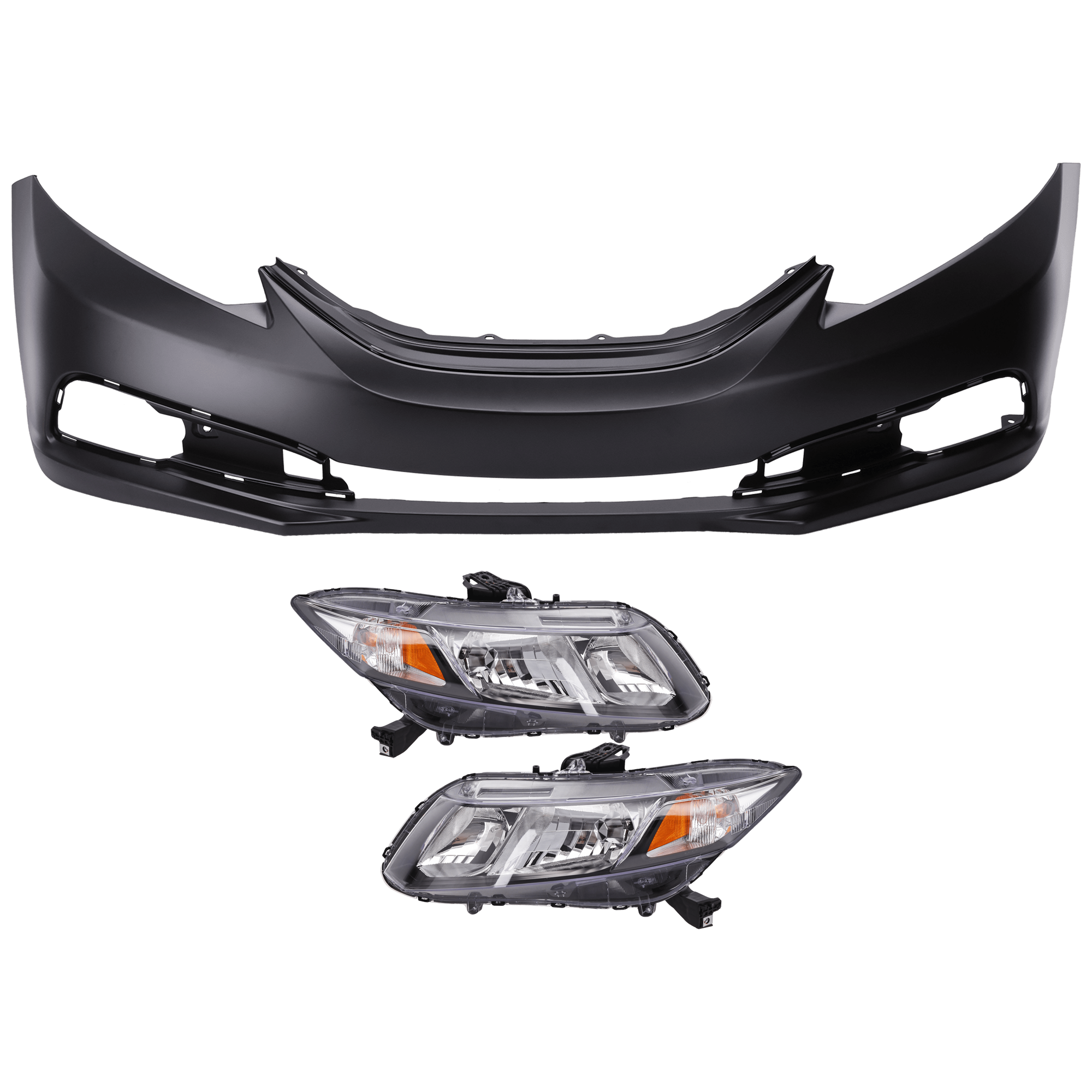AM CIVIC 13-15 HEAD LAMP RH AND LH 3 pc Kit Assembly Halogen with Bumper Cover SKU KIT 072926 NM22 Partslink HO2502150C HO2503150C HO1000290C OEM 33100TR0A51-33150TR0A51-04711T
