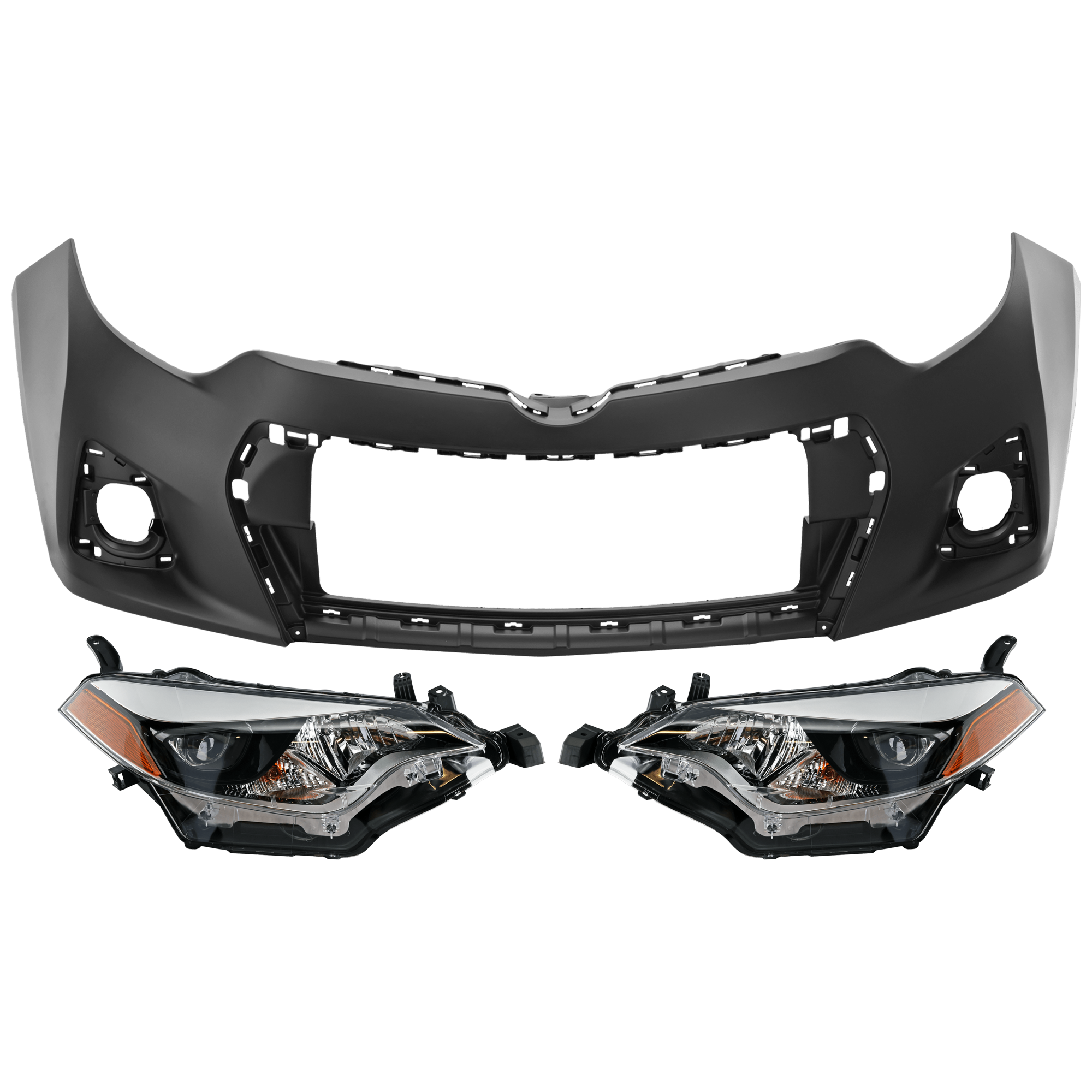 AM COROLLA 14-16 HEAD LAMP RH AND LH 3 pc Kit Assembly LED with Bumper Cover SKU KIT 072926 NM230 Partslink TO2502216 TO2503216 TO1000400 OEM 8111002E60-8115002E60-52119039