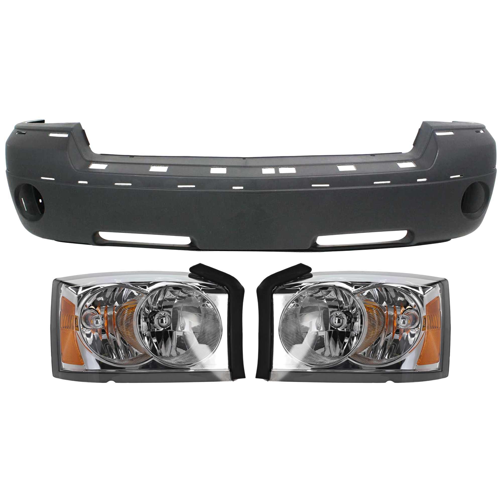 AM DAKOTA 05-07 HEAD LAMP RH AND LH 3 pc Kit Assembly Halogen with Bumper Cover SKU KIT 072926 NM231 Partslink CH2502159 CH2503159 CH1000894 OEM 55077606AB 55077607AB 1GE95CD7