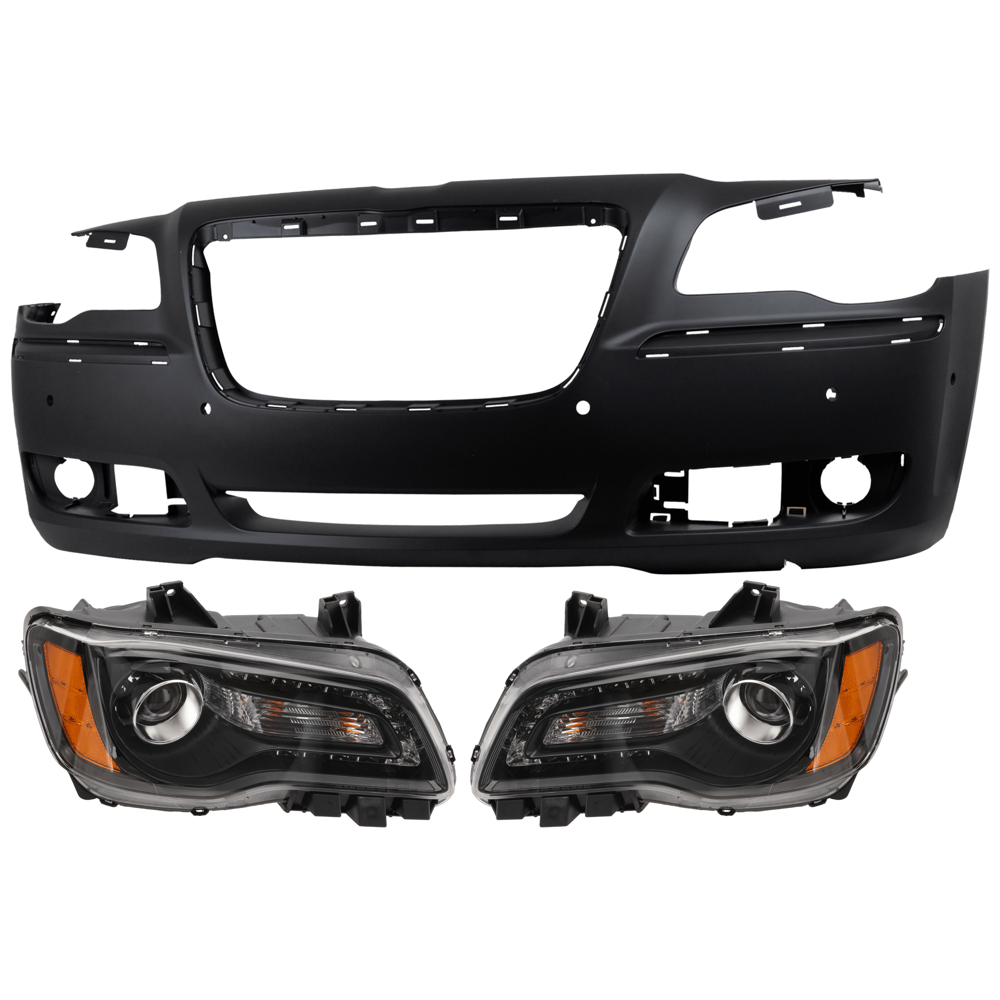 AM CHRYSLER 300-12-14 HEAD LAMP RH AND LH 3 pc Kit Assembly Halogen with Bumper Cover SKU KIT 072926 NM239 Partslink CH2502235 CH2503235 CH1000A01 OEM 68085416AF PFM 68085417AF PFM