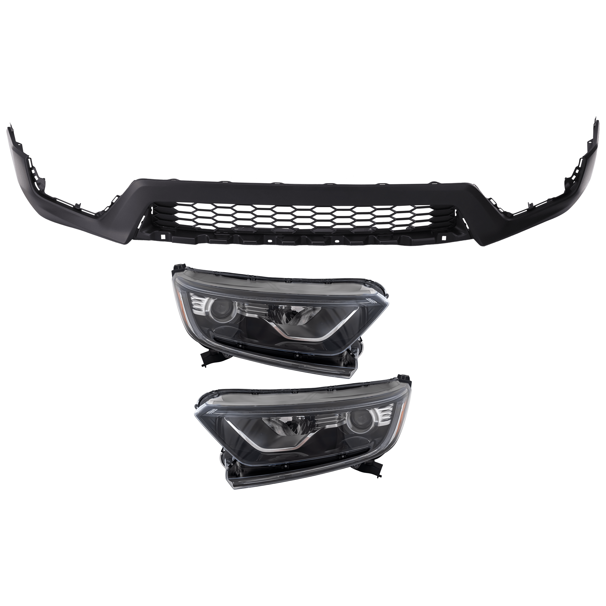 AM CR V 17-19 HEAD LAMP RH AND LH 3 pc Kit Assembly Halogen with Bumper Cover SKU KIT 072926 NM23 Partslink HO2502180 HO2503180 HO1015117 OEM 33100TLAA01-33150TLAA01-71102T