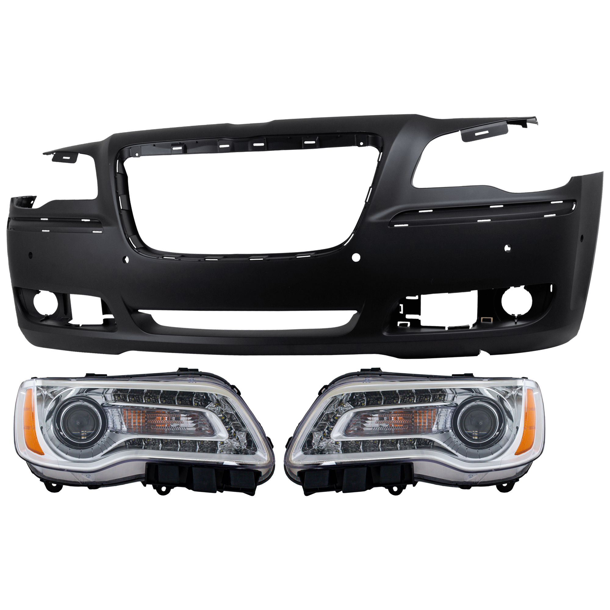 AM CHRYSLER 300-11-14 HEAD LAMP RH AND LH 3 pc Kit Assembly Halogen with Bumper Cover SKU KIT 072926 NM240 Partslink CH1000A01 OEM 68143002AC PFM 68143003AC PFM
