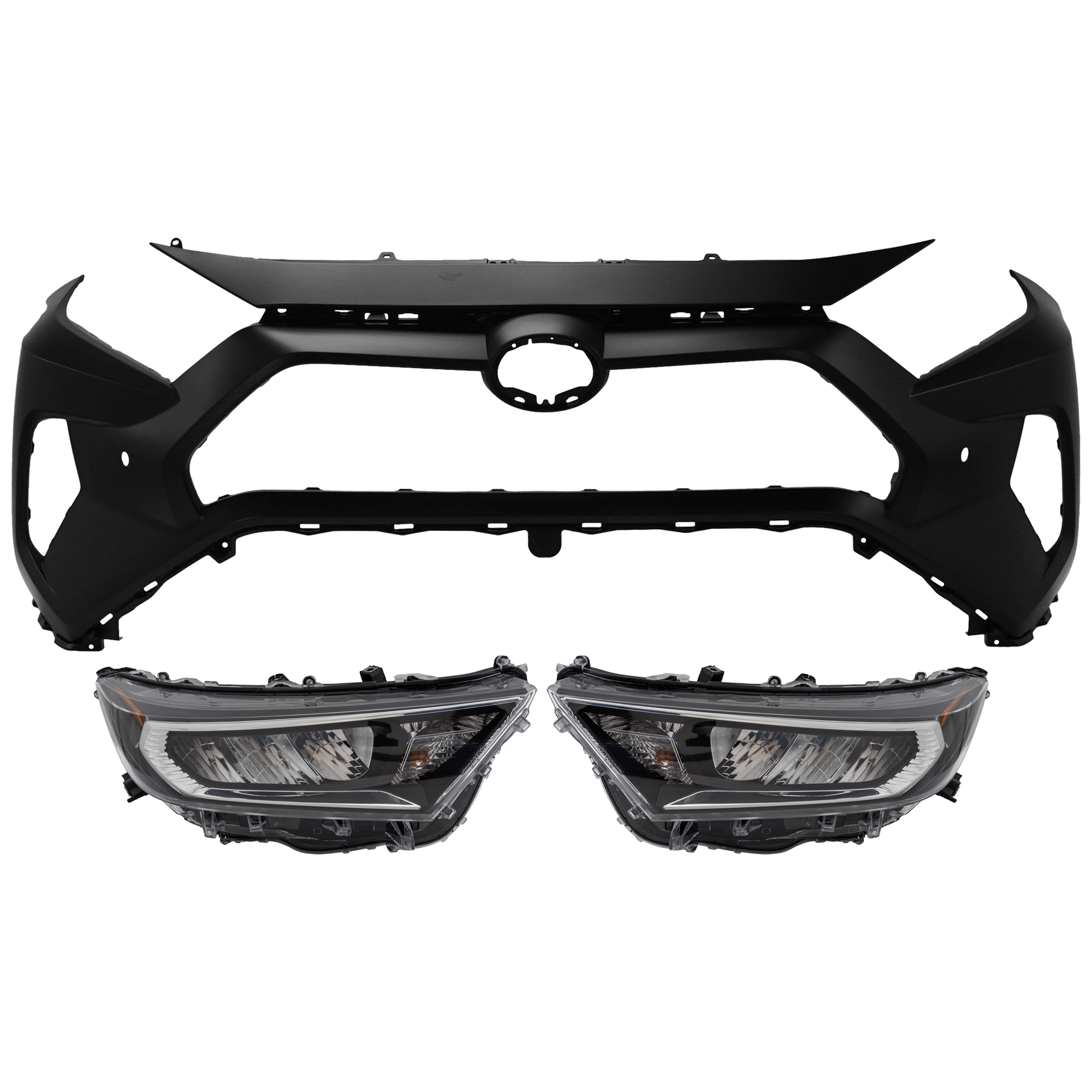 AM RAV4-19-21 HEAD LAMP RH AND LH 3 pc Kit Assembly LED with Bumper Cover SKU KIT 072926 NM242 Partslink TO2502275 TO2503275 TO1000450 OEM 811100R140-811500R140-521190R9