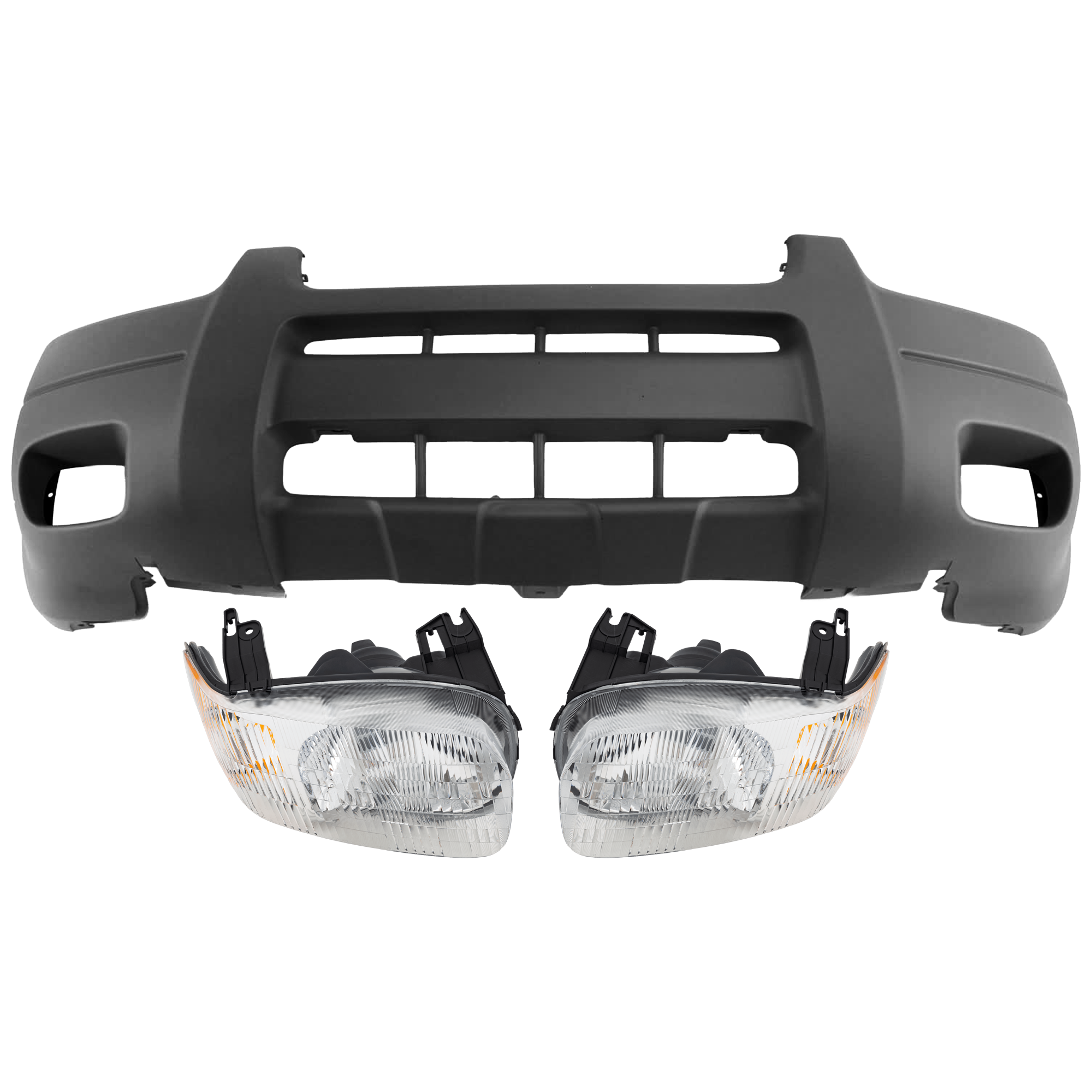 AM ESCAPE 01-04 FRONT BUMPER COVER 3 pc Kit Textured w Fog Light Holes XLS XLT Model with Headlight SKU KIT 072926 NM251 Partslink FO1000474 FO2519103 FO2518103 OEM YL8Z17D957MAA 4L8Z13008AA 4L8Z