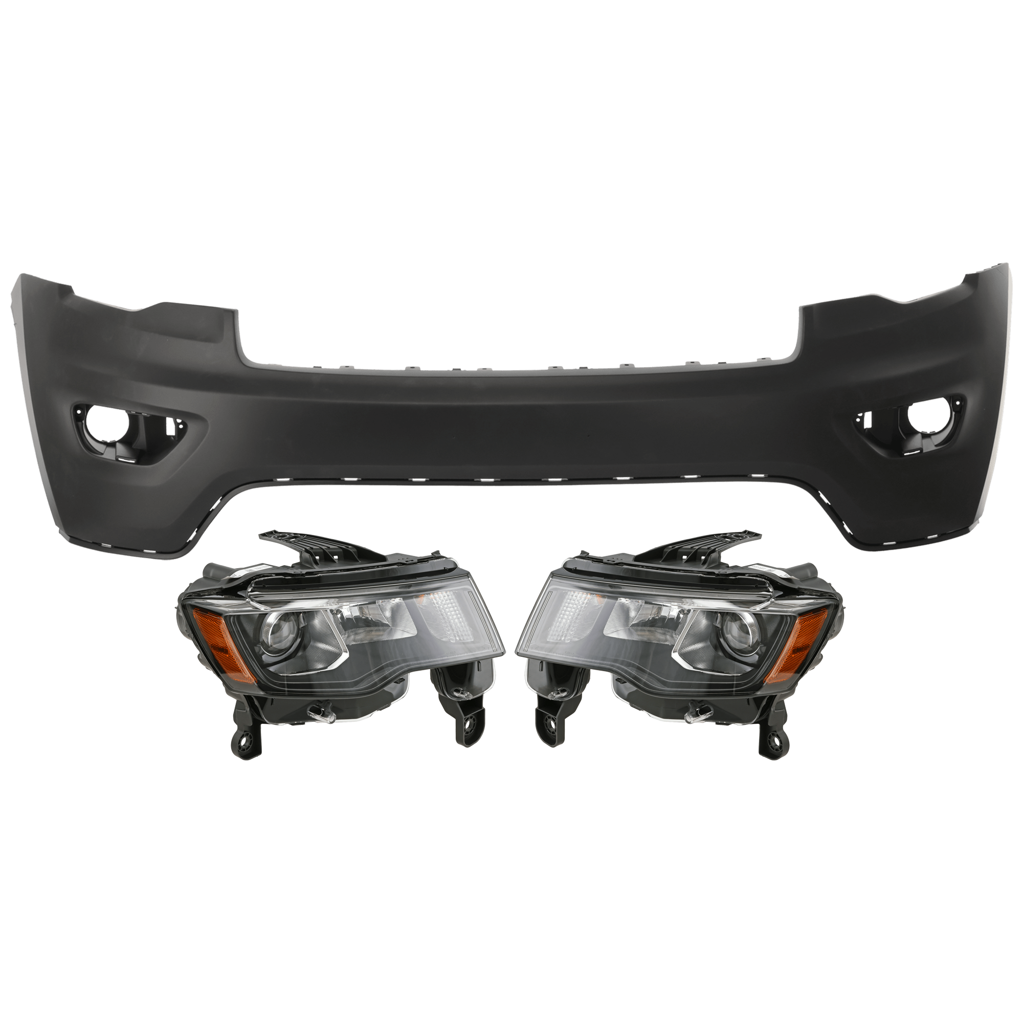 AM GRAND CHEROKEE 17-21 GRAND CHEROKEE WK 22-22 HEAD LAMP RH AND LH 3 pc Kit Assembly Halogen with Bumper Cover SKU KIT 072926 NM252 Partslink CH2502309 CH2503309 CH1014129 OEM 68266646AE 68266647AE 6EB83TZZ
