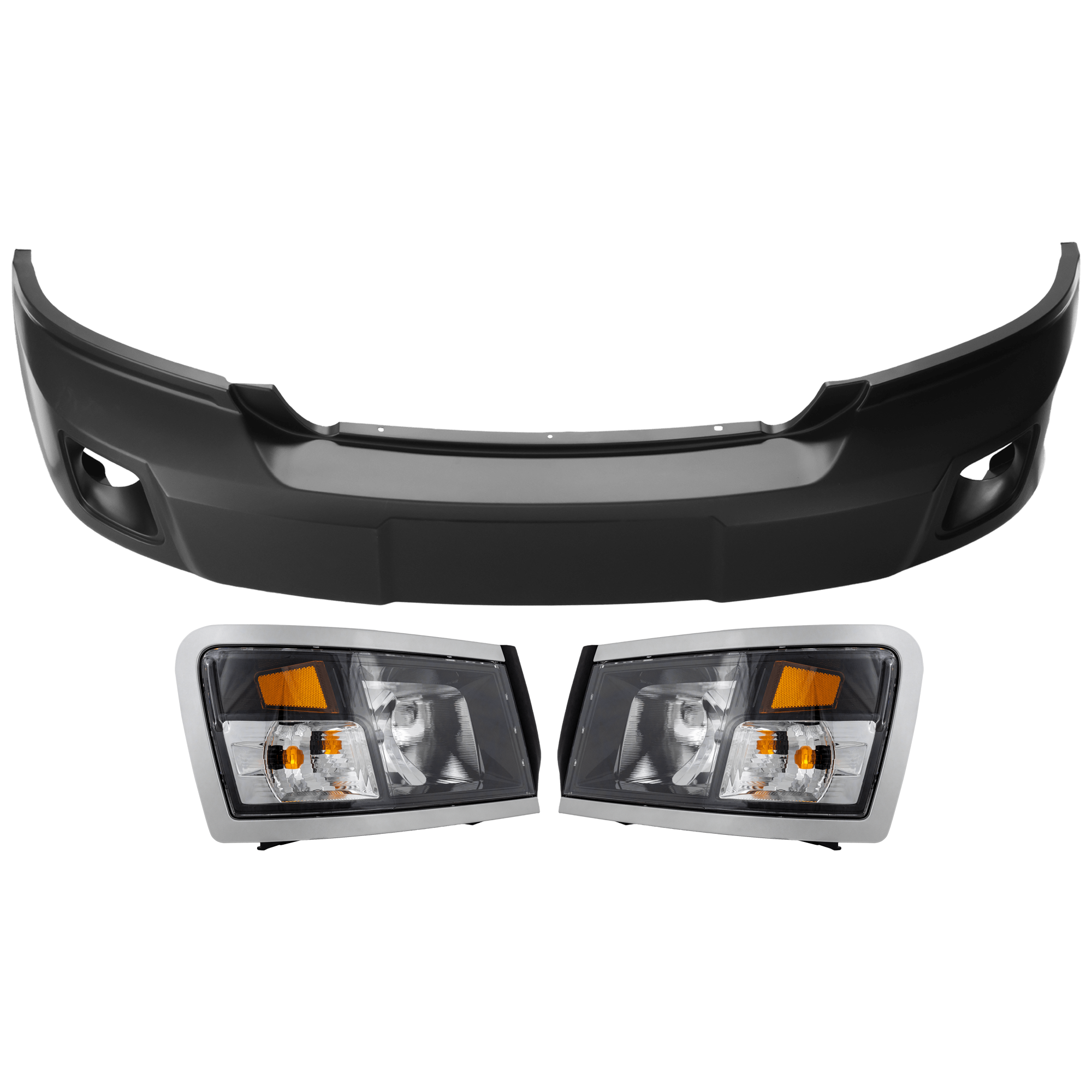 AM DAKOTA 08-10 DAKOTA 11-11 FRONT BUMPER COVER 3 pc Kit Primed w Fog Light and Tow Hook Holes Code MBA with Headlight SKU KIT 072926 NM256 Partslink CH1000971 CH2519128 CH2518127 OEM 68029831AB 55112244AF 55112244