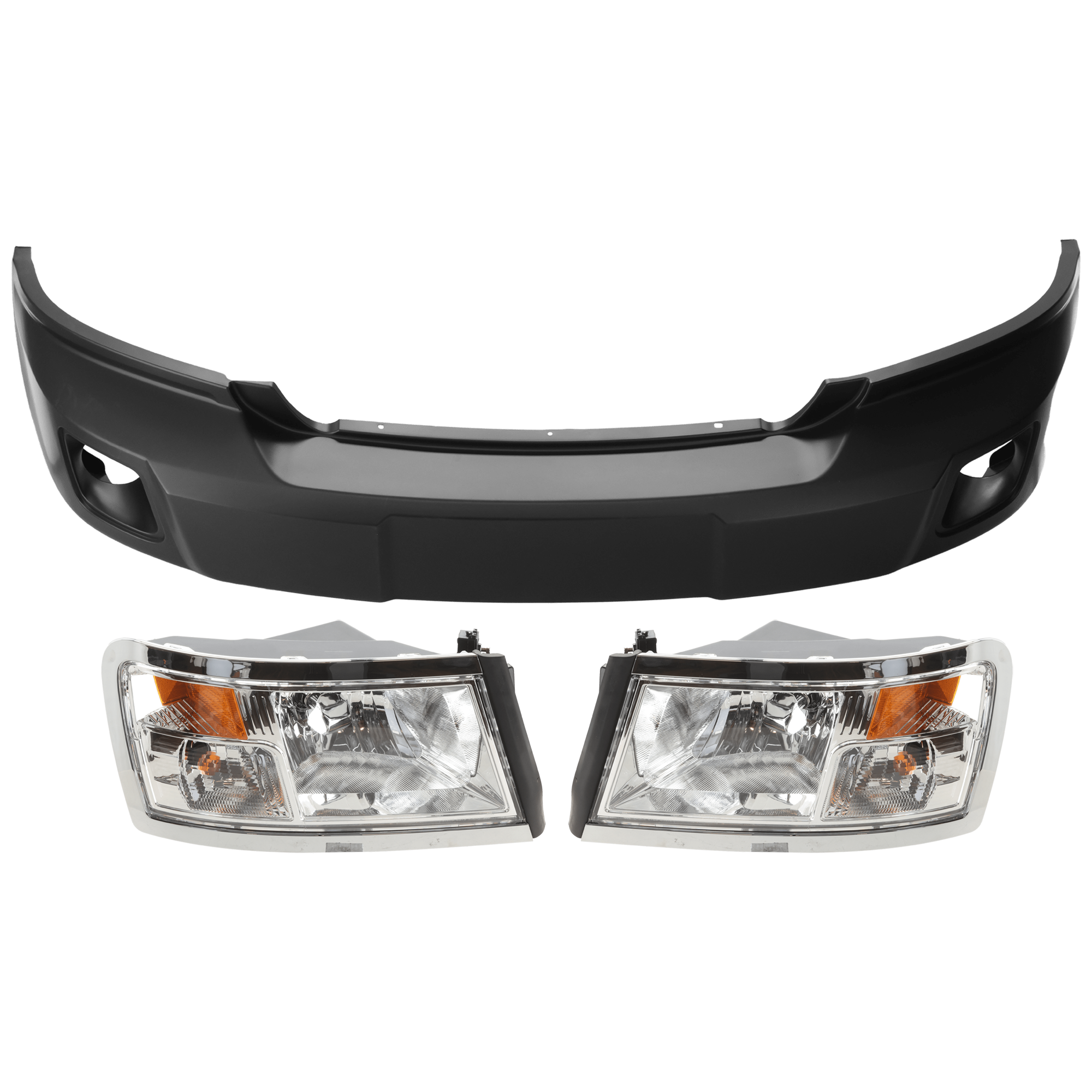 AM DAKOTA 08-10 DAKOTA 11-11 FRONT BUMPER COVER 3 pc Kit Primed w Fog Light and Tow Hook Holes Code MBA with Headlight SKU KIT 072926 NM257 Partslink CH1000971 CH2519128 CH2518128 OEM 68029831AB 55112244AF 55112244