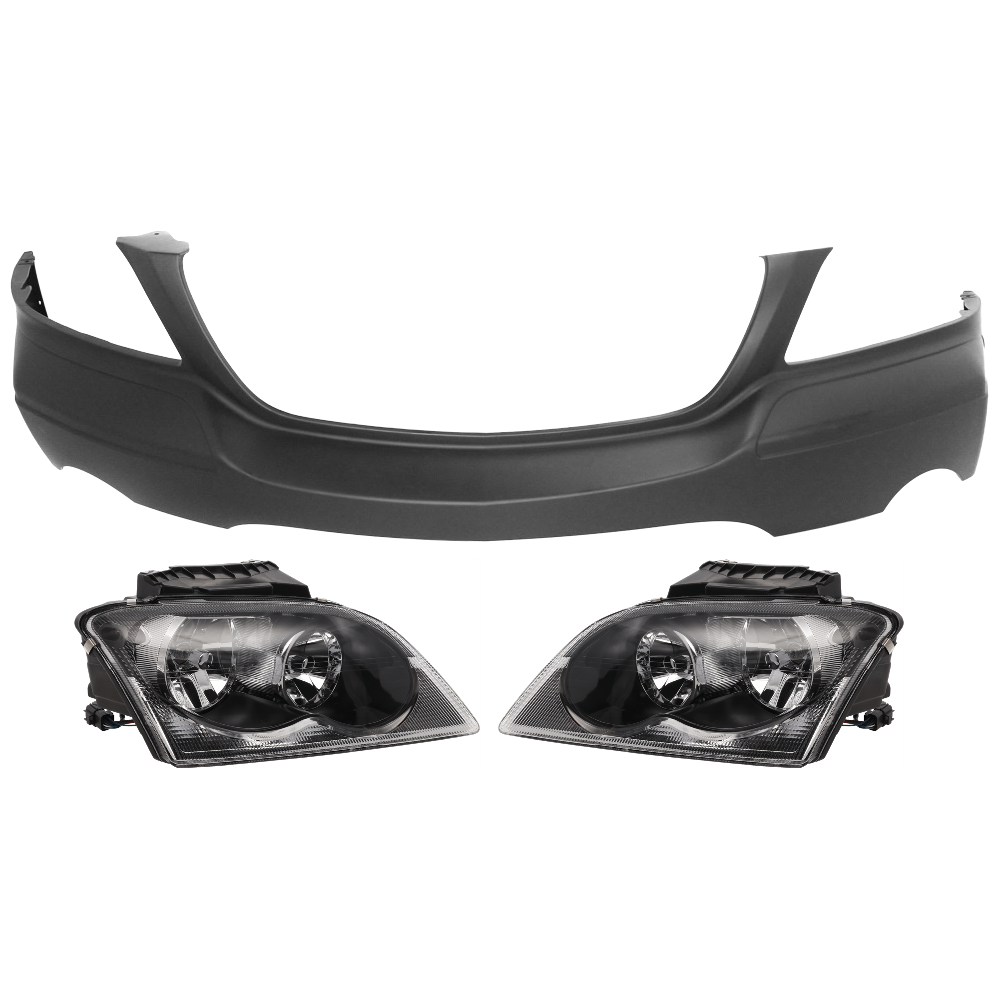 AM PACIFICA 04-06 FRONT BUMPER COVER Upper 3 pc Kit Primed w o Chrome Insert with Headlight SKU KIT 072926 NM264 OEM 5142729AB 4857850AE PFM 485785