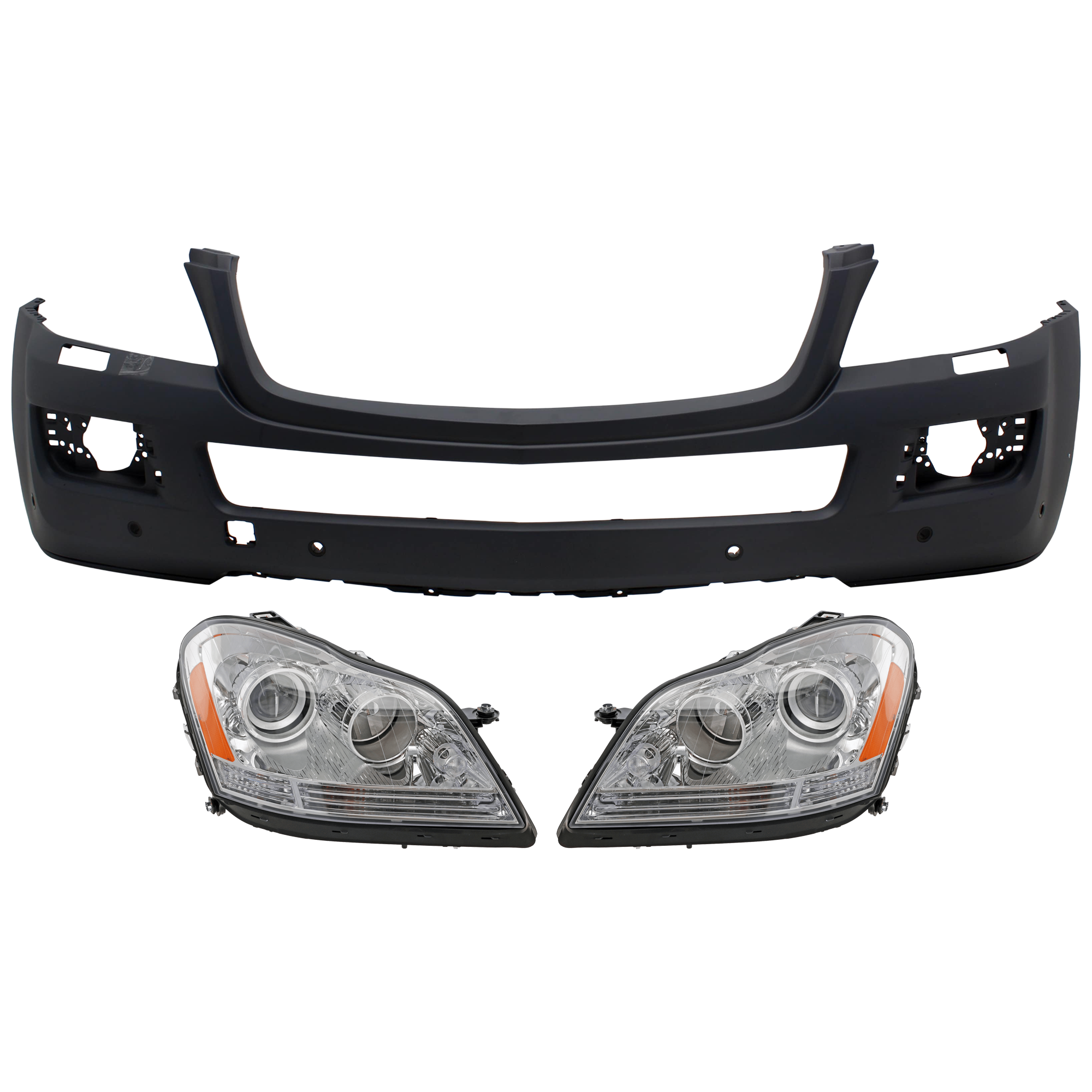 AM GL CLASS 07-12 HEAD LAMP RH AND LH 3 pc Kit Assembly Halogen with Bumper Cover SKU KIT 072926 NM267 Partslink MB2502202 MB2503202 MB1000254 OEM 1648204759-1648204859-16488519