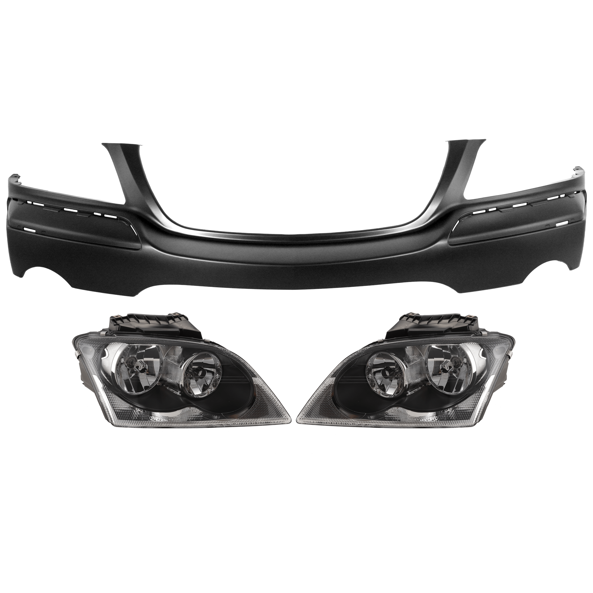 AM PACIFICA 04-06 FRONT BUMPER COVER Upper 3 pc Kit Primed w Chrome Insert with Headlight SKU KIT 072926 NM269 OEM 5102341AB 4857850AE PFM 485785