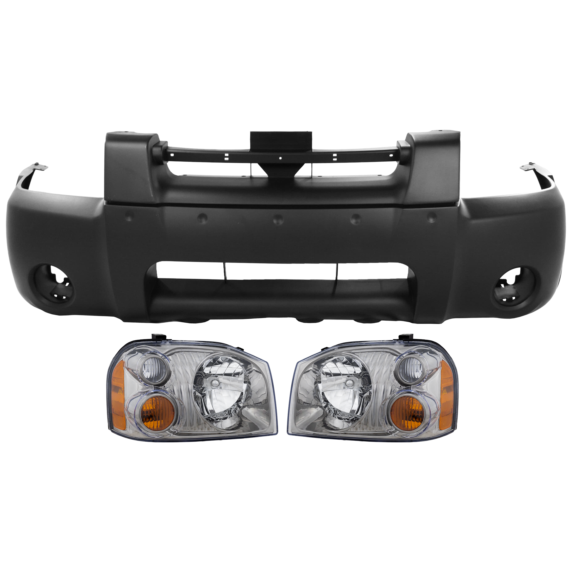 AM FRONTIER 01-04 FRONT BUMPER COVER 3 pc Kit Primed with Headlight SKU KIT 072926 NM27 Partslink NI1000185 NI2503131 NI2502131 OEM 620229Z440-260108Z326-260608Z3