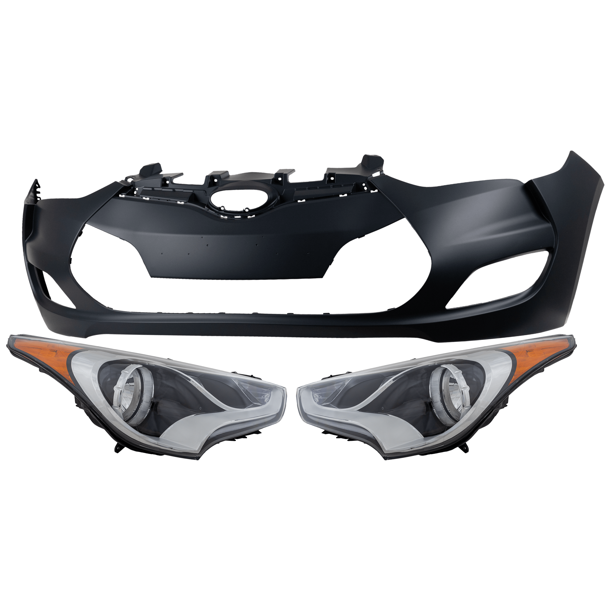 AM VELOSTER 12-17 HEAD LAMP RH AND LH 3 pc Kit Assembly Halogen with Bumper Cover SKU KIT 072926 NM285 Partslink HY2502168 HY2503168 HY1000189 OEM 921012V000-921022V000-865112V0