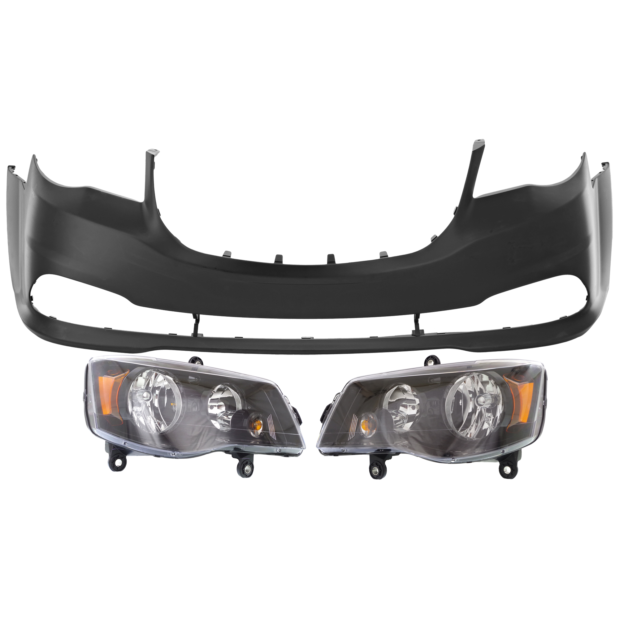AM GRAND CARAVAN 11-20 HEAD LAMP RH AND LH 3 pc Kit Assembly Halogen with Bumper Cover SKU KIT 072926 NM286 Partslink CH2502266 CH2503266 CH1000A02 OEM 68206500AE 68206500AC 68206501