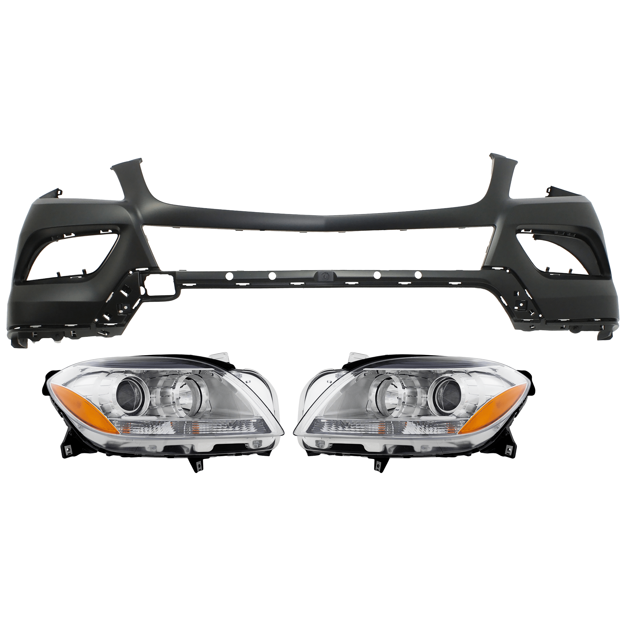 AM ML250-15-15 ML350-12-15 HEAD LAMP RH AND LH 3 pc Kit Assembly Halogen with Bumper Cover SKU KIT 072926 NM296 Partslink MB1000370C MB2502192C MB2503192C OEM 1668205259-1668205359-16688500