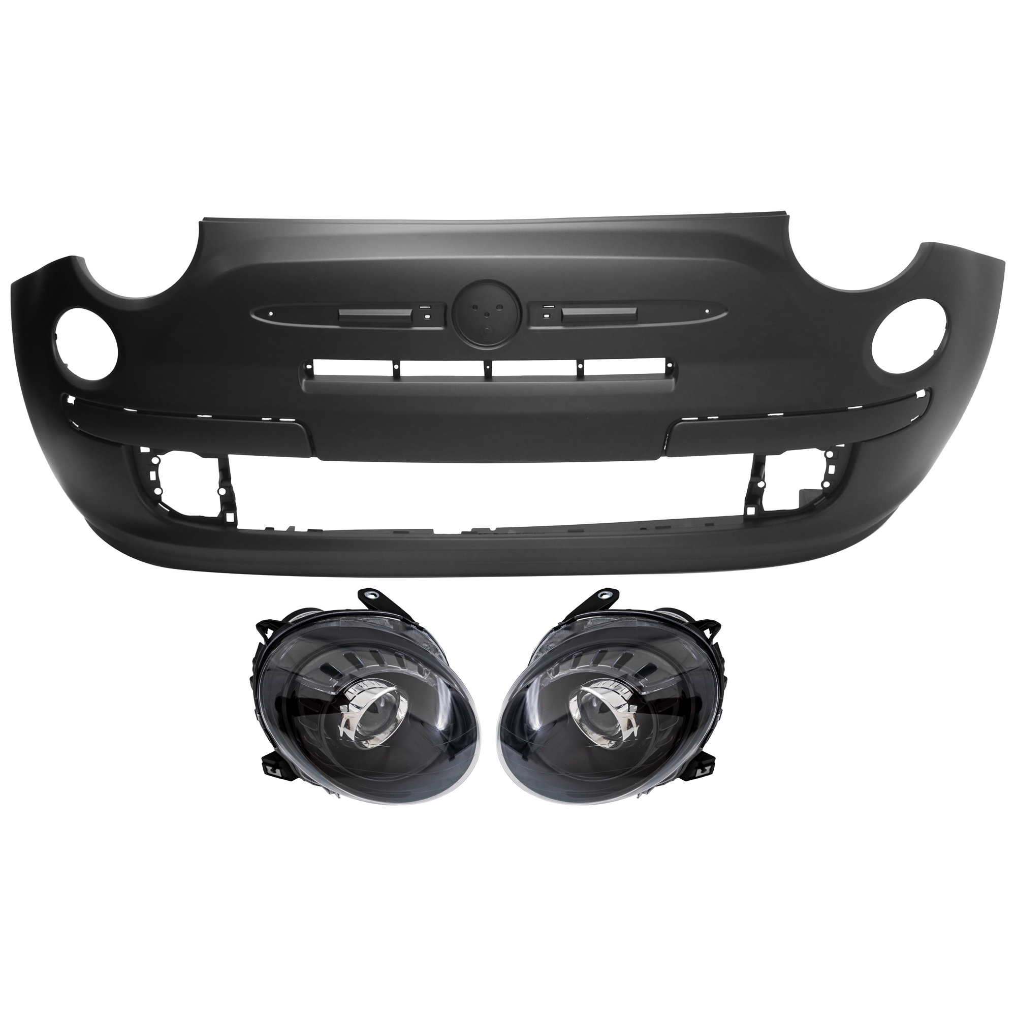 AM FIAT 500-12-17 HEAD LAMP RH AND LH 3 pc Kit Assembly Halogen with Bumper Cover SKU KIT 072926 NM302 Partslink FI1000103C FI2502101C FI2503101C OEM 1RZ55TZZAB 68172230AC 68172231