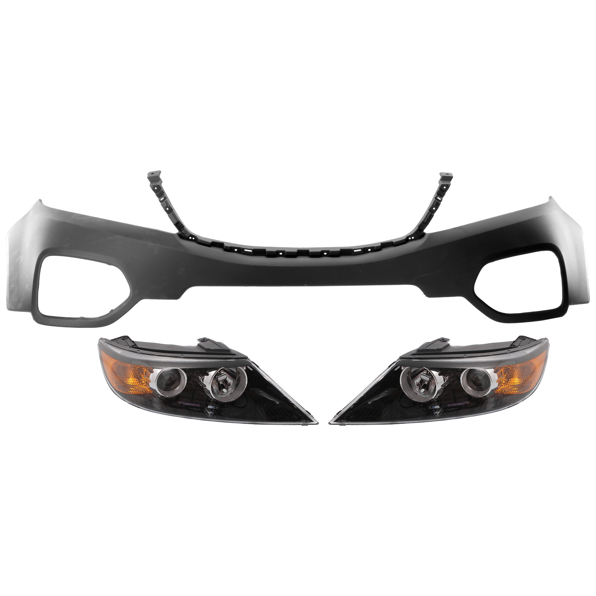 AM SORENTO 11-13 HEAD LAMP RH AND LH 3 pc Kit Assembly Halogen with Bumper Cover SKU KIT 072926 NM316 Partslink KI2502143 KI2503143 KI1000149 OEM 921011U200-921021U200-865111U0