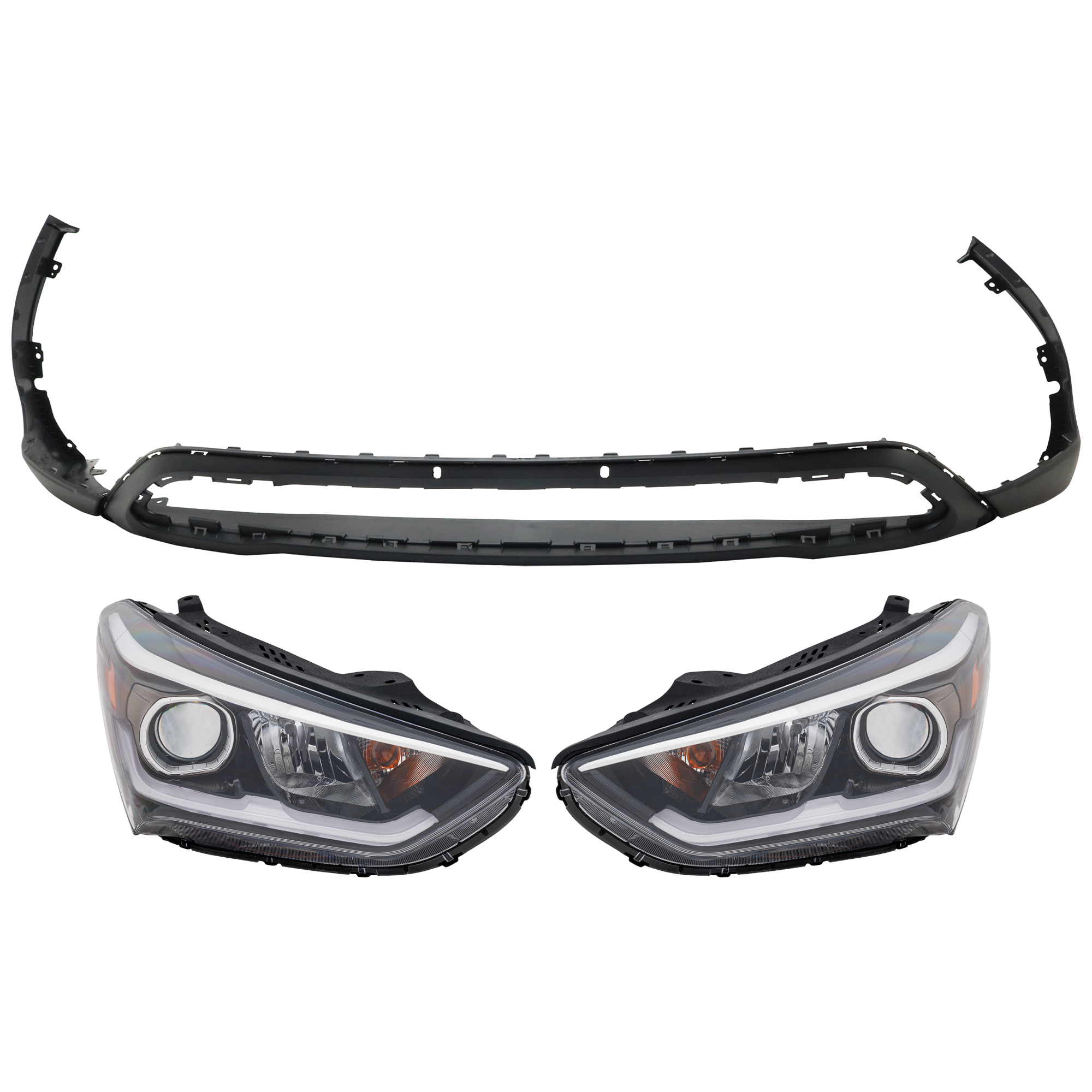 AM SANTA FE 17-18 SANTA FE XL 17-19 HEAD LAMP RH AND LH 3 pc Kit Assembly Halogen with Bumper Cover SKU KIT 072926 NM322 Partslink HY2502211 HY2503211 HY1015107 OEM 92101B8530-92102B8530-86512B8A