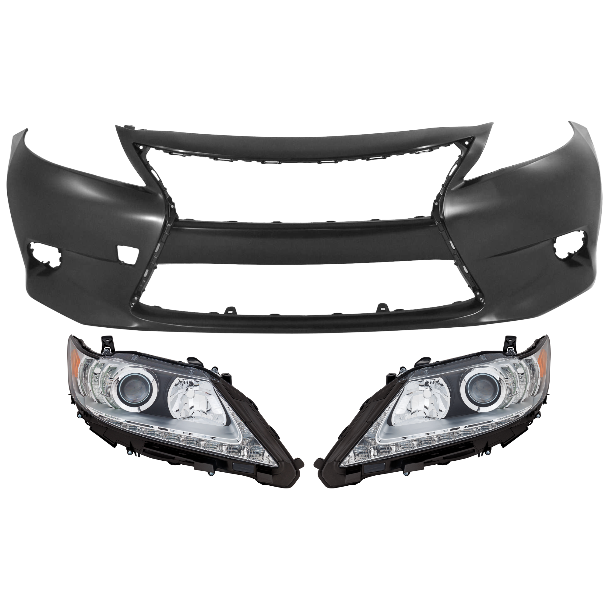 AM ES300H ES350-13-15 HEAD LAMP RH AND LH 3 pc Kit Lens and Housing HID Xenon with Bumper Cover SKU KIT 072926 NM329 Partslink LX2518140 LX2519140 LX1000241 OEM 8114533B50 PFM 8118533B50 PFM