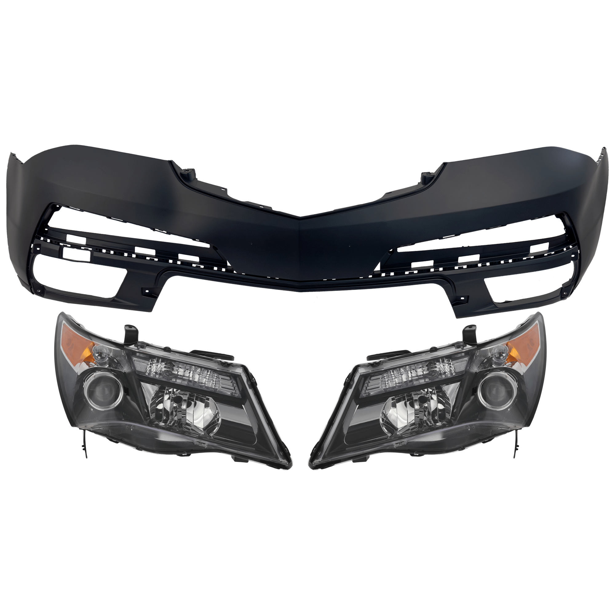 AM MDX 10-13 HEAD LAMP RH AND LH 3 pc Kit Lens and Housing HID Xenon with Bumper Cover SKU KIT 072926 NM351 Partslink AC2518120C AC2519120C AC1000172C OEM 33101STXA21-33151STXA21-04711S