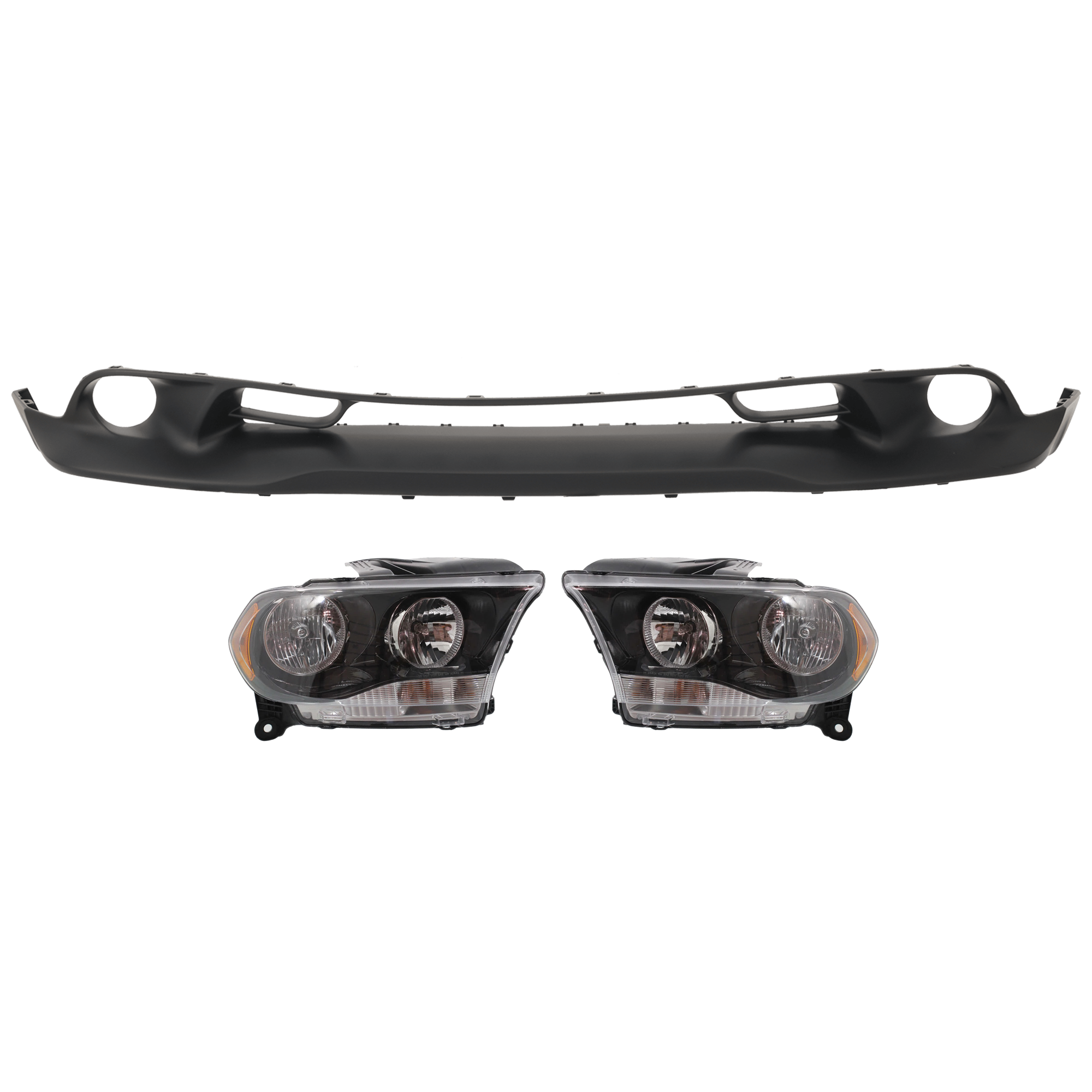 AM DURANGO 11-13 HEAD LAMP RH AND LH 3 pc Kit Assembly Halogen with Bumper Cover SKU KIT 072926 NM355 Partslink CH2502229 CH2503229 CH1015108 OEM 68084076AC 68084076AB 68084077