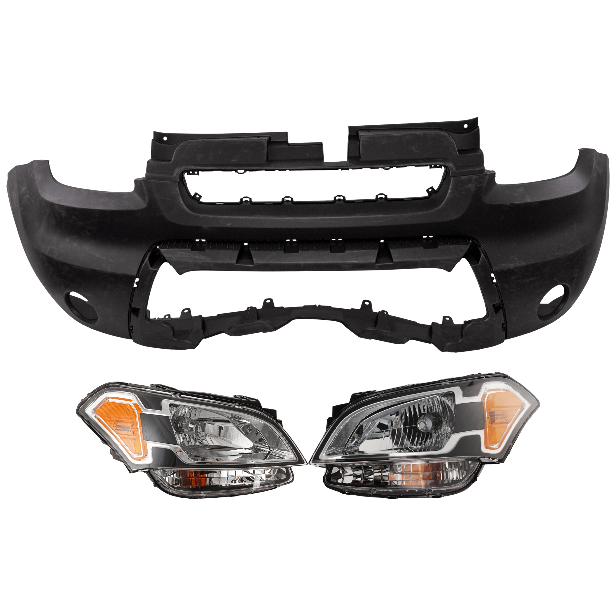 AM SOUL 10-11 HEAD LAMP RH AND LH 3 pc Kit Assembly Halogen with Bumper Cover SKU KIT 072926 NM358 Partslink KI2502139 KI2503139 KI1000147 OEM 921012K030-921022K030-865112K0