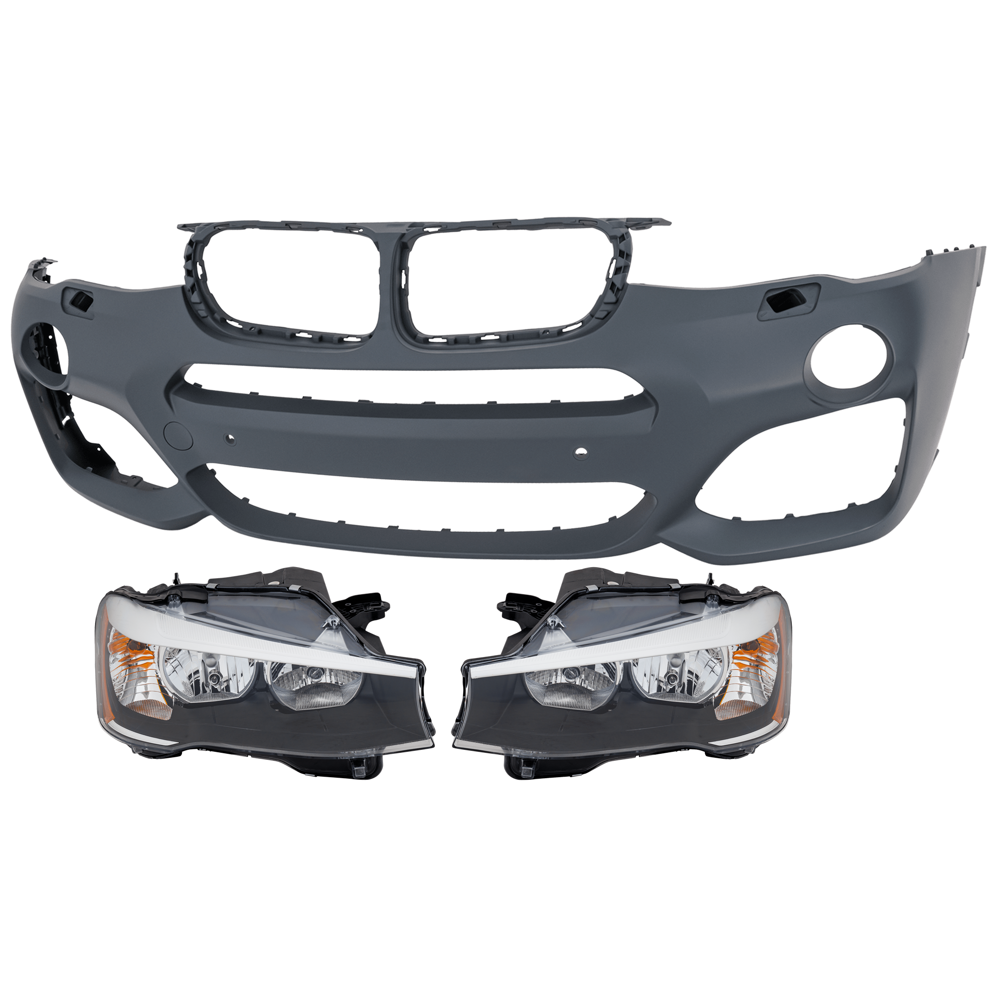 AM X3-15-17 X4-15-18 FRONT BUMPER COVER 3 pc Kit Primed w M Sport Pkg w Headlight Washer Holes Park Distance Control Sensor Holes and Parking Assist Sensor Holes with Headlight SKU KIT 072926 NM359 OEM 51118064119 PFM 63117334074 PF