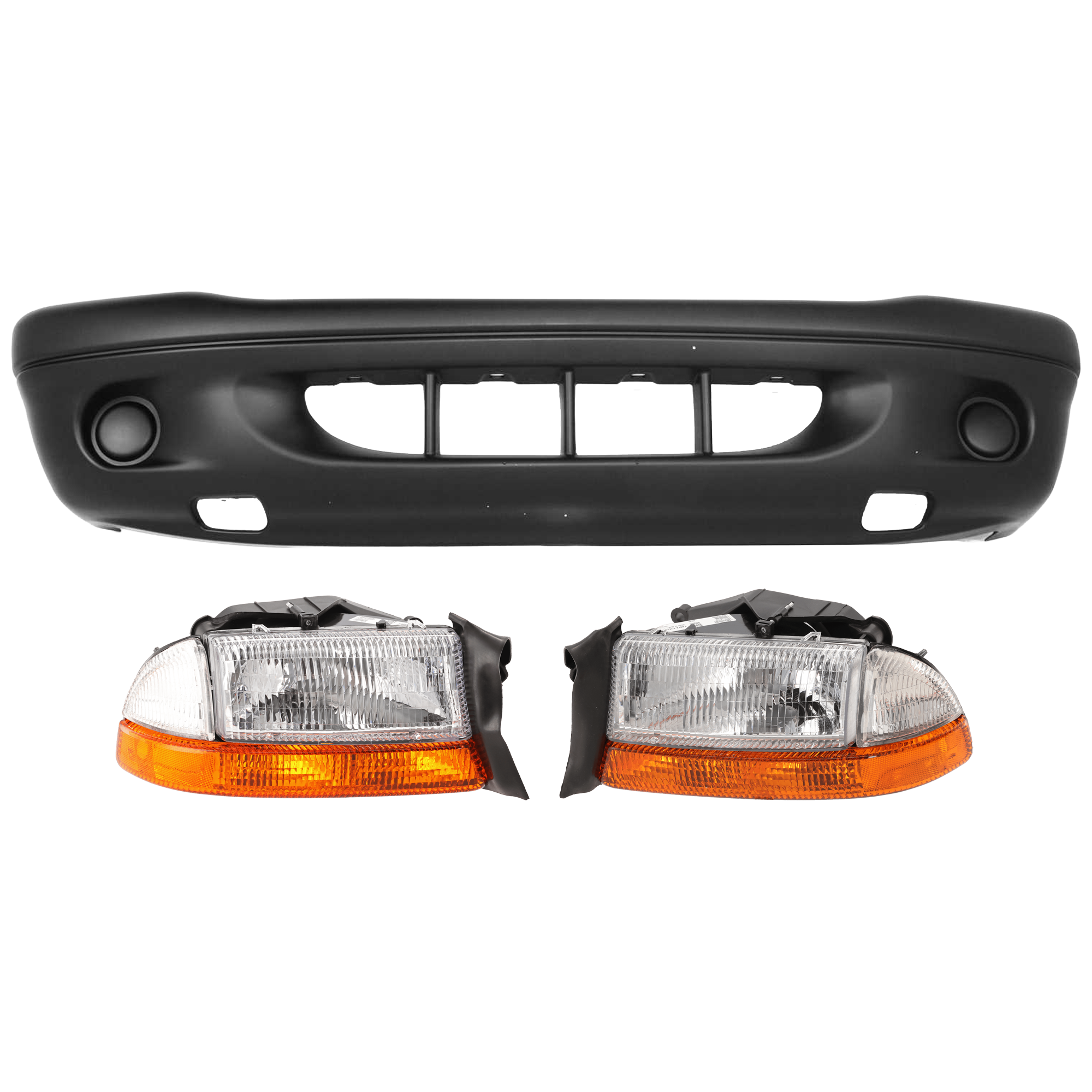 AM DAKOTA 01-04 DURANGO 01-01 HEAD LAMP RH AND LH 3 pc Kit Assembly Halogen with Bumper Cover SKU KIT 072926 NM360 Partslink CH2502122 CH2503122 CH1000392 OEM 55055110AI 55055111AI 5073022A