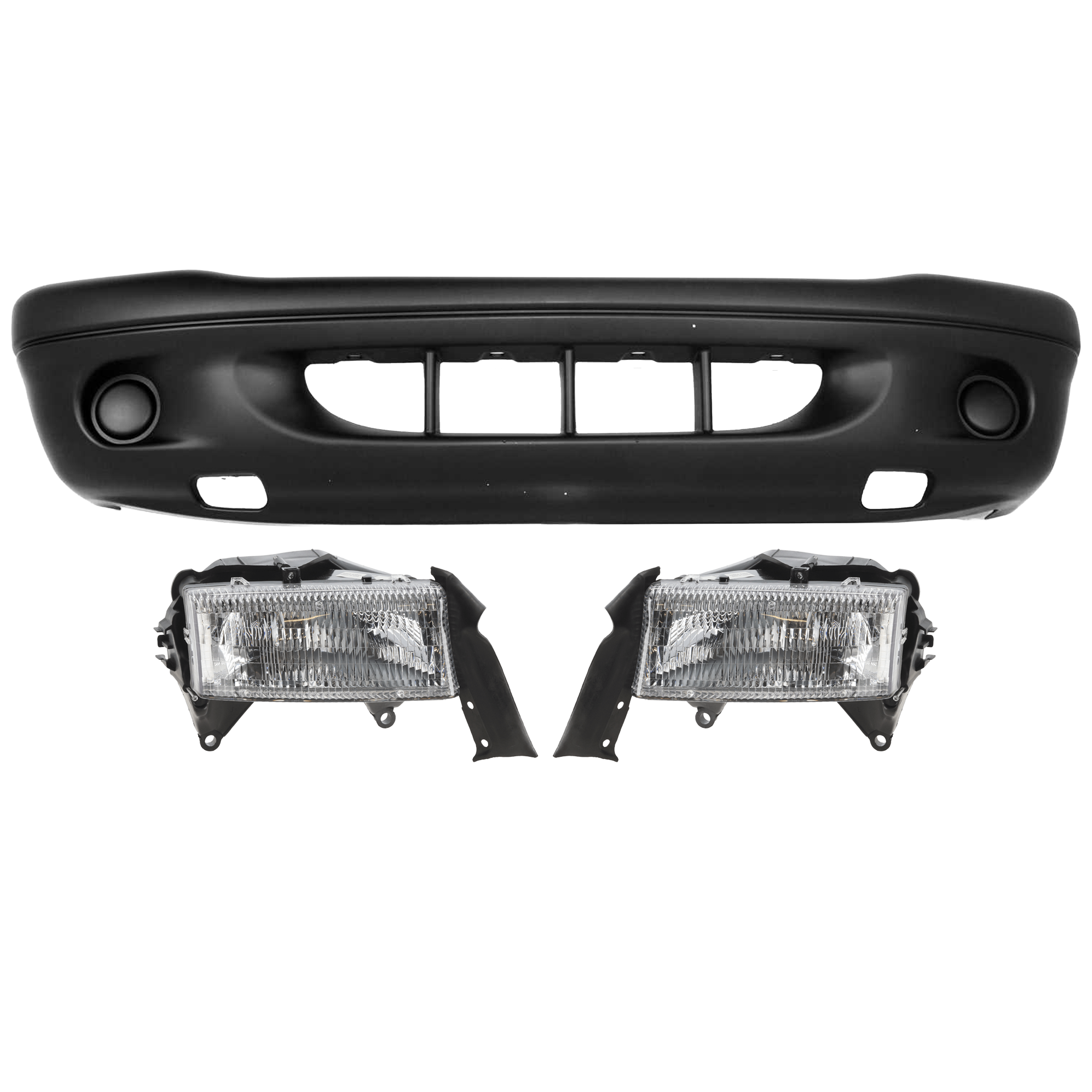 AM DAKOTA 01-04 DURANGO 01-01 HEAD LAMP RH AND LH 3 pc Kit Assembly Halogen with Bumper Cover SKU KIT 072926 NM363 Partslink CH1000392 OEM 55055170AE PFM 55055171AE PFM