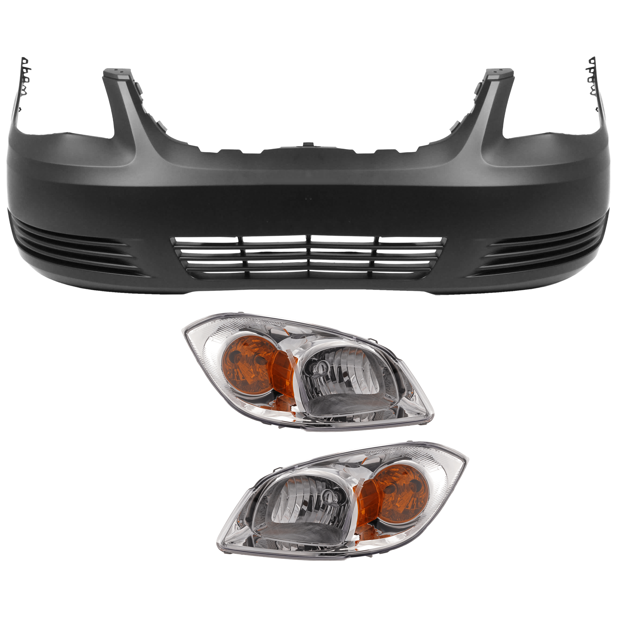 AM G5-08-09 HEAD LAMP RH AND LH 3 pc Kit Assembly Halogen with Bumper Cover SKU KIT 072926 NM369 Partslink GM2502251 GM2503251 GM1000898 OEM 22740620-22740621-19120185
