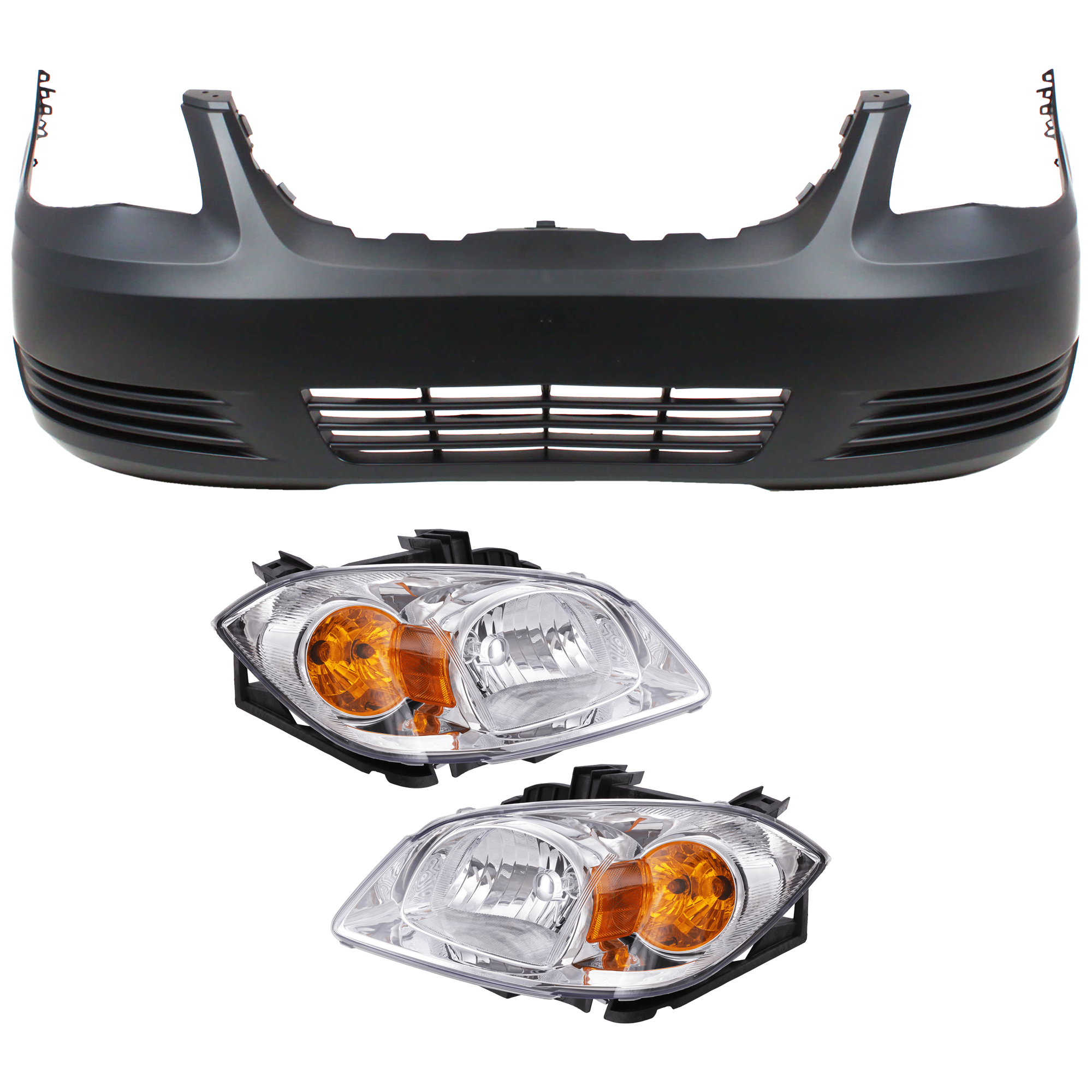 AM G5-08-09 HEAD LAMP RH AND LH 3 pc Kit Assembly Halogen with Bumper Cover SKU KIT 072926 NM375 Partslink GM2502281 GM2503251 GM1000898 OEM 22740620-22740621 PFM 16532519
