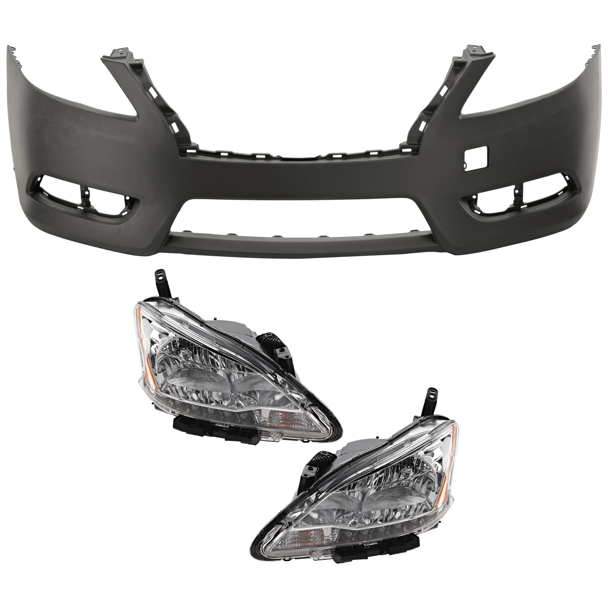 AM SENTRA 13-15 HEAD LAMP RH AND LH 3 pc Kit Assembly Halogen with Bumper Cover SKU KIT 072926 NM383 Partslink NI2502216 NI2503216 NI1000289 OEM 260103SG2A 260603SG2A 620223SH