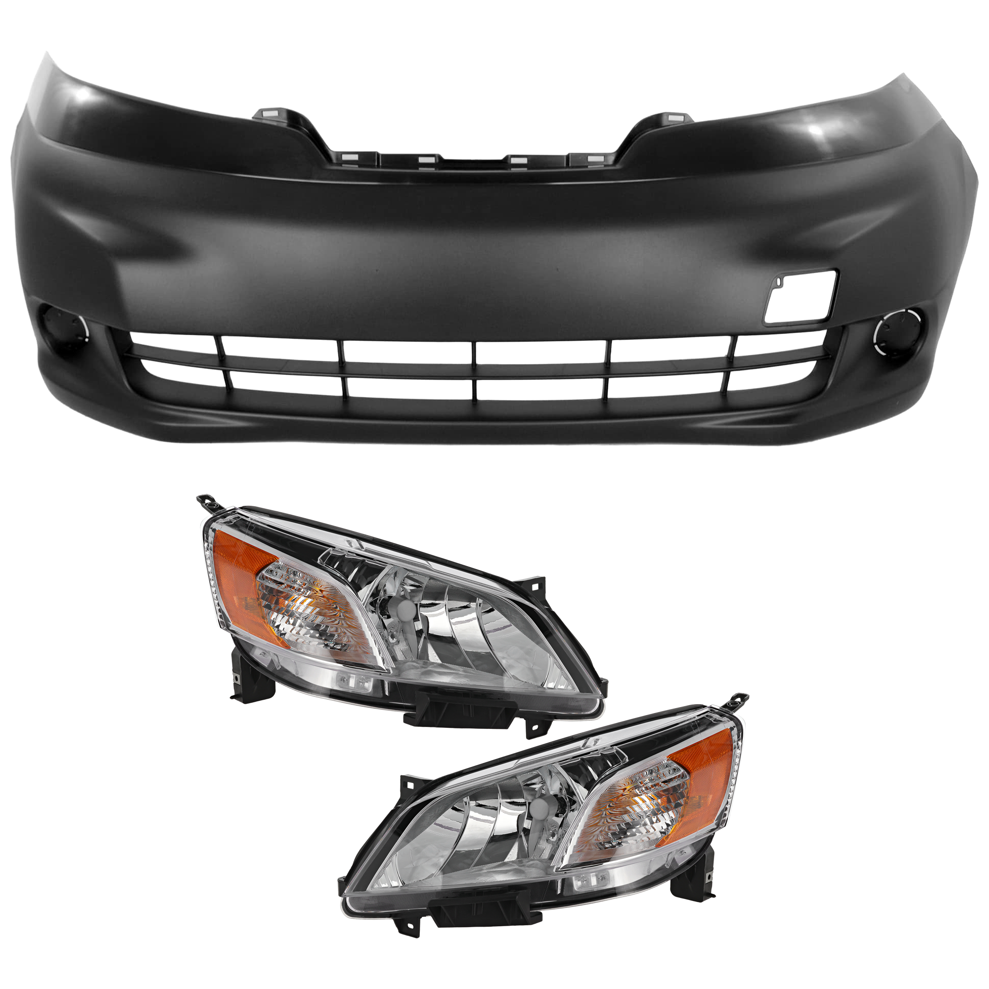 AM NV200-13-21 HEAD LAMP RH AND LH 3 pc Kit Assembly Halogen with Bumper Cover SKU KIT 072926 NM396 Partslink NI2502225 NI2503225 NI1000295 OEM 260103LM0A 260603LM0A 620223LM
