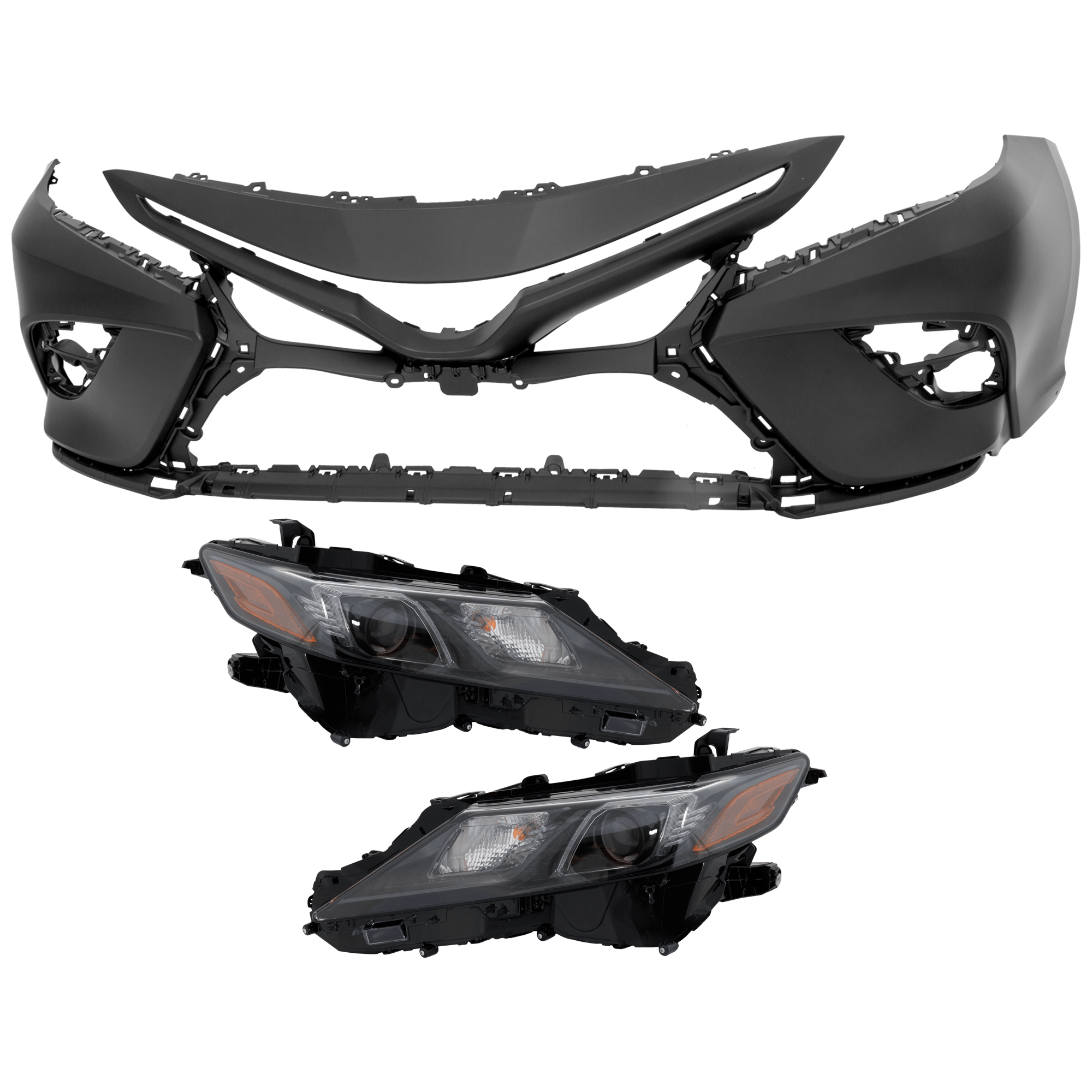 AM CAMRY 20-24 HEAD LAMP RH AND LH 3 pc Kit Assembly LED with Bumper Cover SKU KIT 072926 NM397 Partslink TO2502299 TO2503299 TO1000470 OEM 8111006F60-8115006C20-521190X9