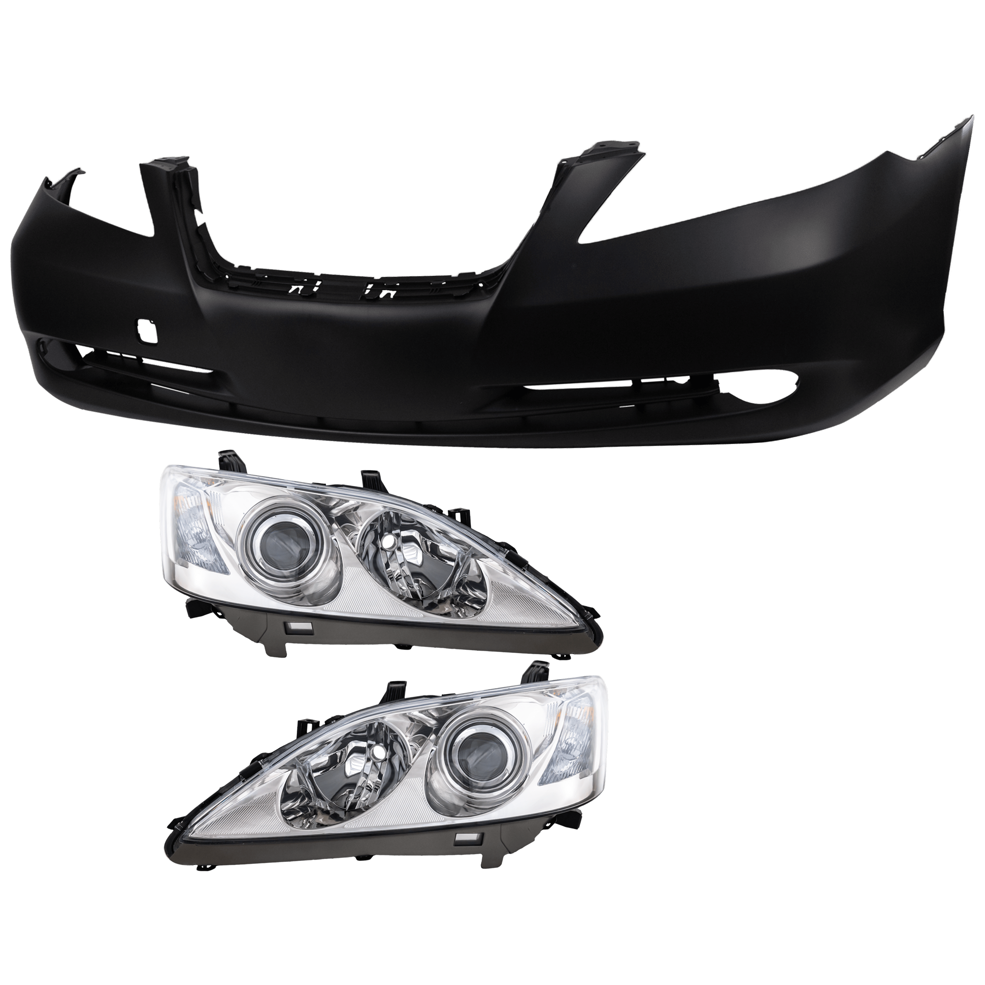 AM ES350-07-09 HEAD LAMP RH AND LH 3 pc Kit Lens and Housing HID Xenon with Bumper Cover SKU KIT 072926 NM399 Partslink LX2502142 LX2503142 LX1000167 OEM 8114533680-8118533680-52119339