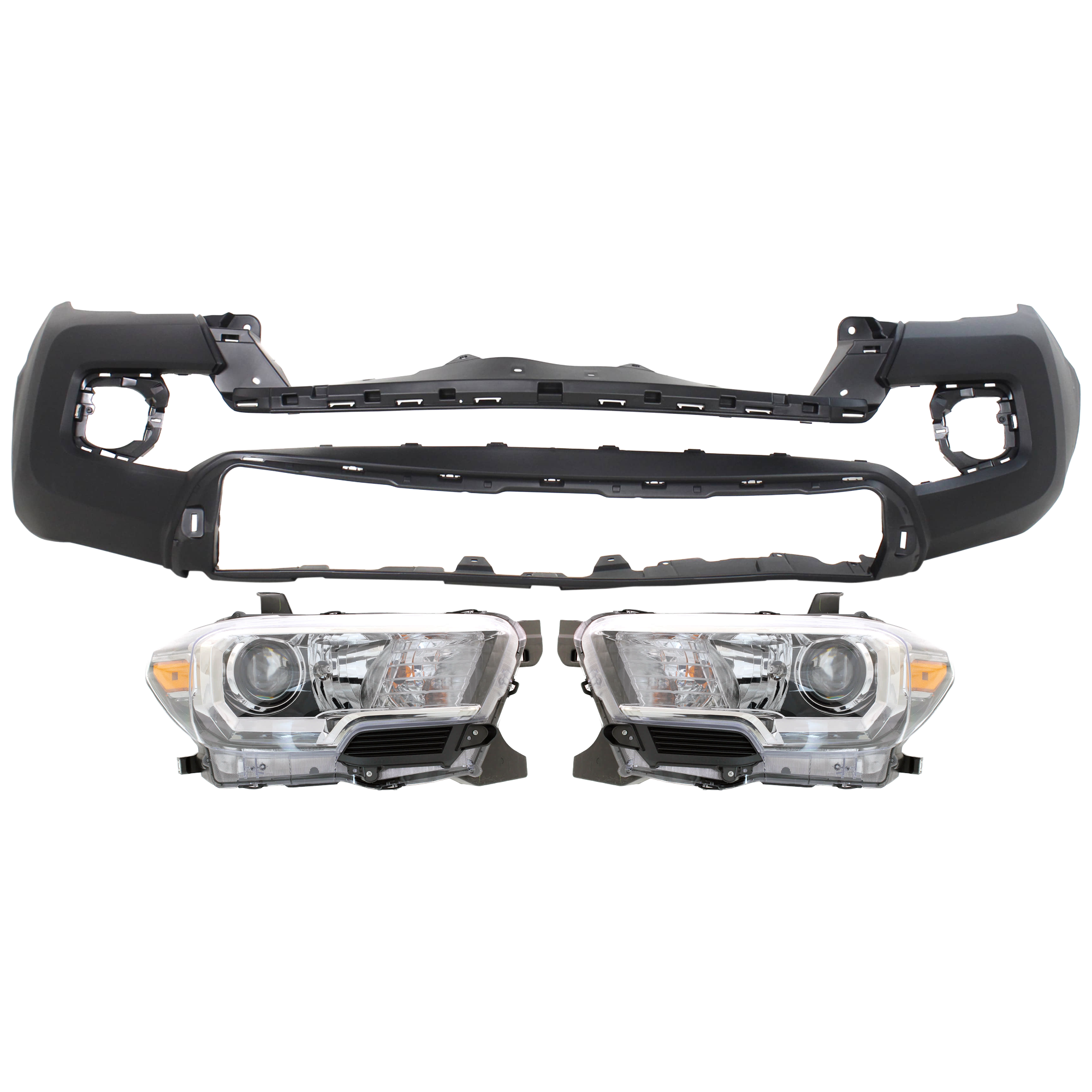 AM TACOMA 16-17 HEAD LAMP RH AND LH 3 pc Kit Assembly Halogen with Bumper Cover SKU KIT 072926 NM53 Partslink TO2502243 TO2503243 TO1000414 OEM 8111004260-8115004260-52119049