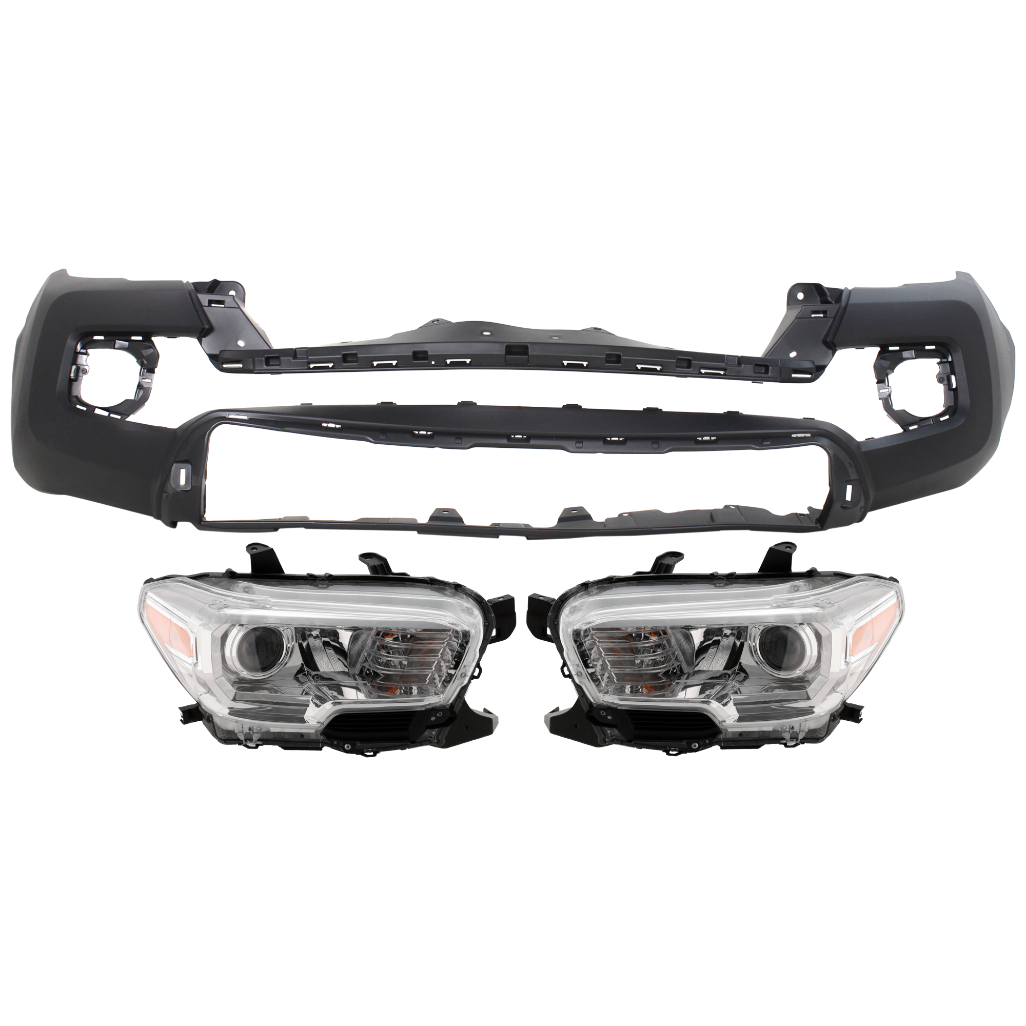 AM TACOMA 16-18 HEAD LAMP RH AND LH 3 pc Kit Assembly Halogen with Bumper Cover SKU KIT 072926 NM58 Partslink TO2502242 TO2503242 TO1000414 OEM 8111004250-8115004250-52119049
