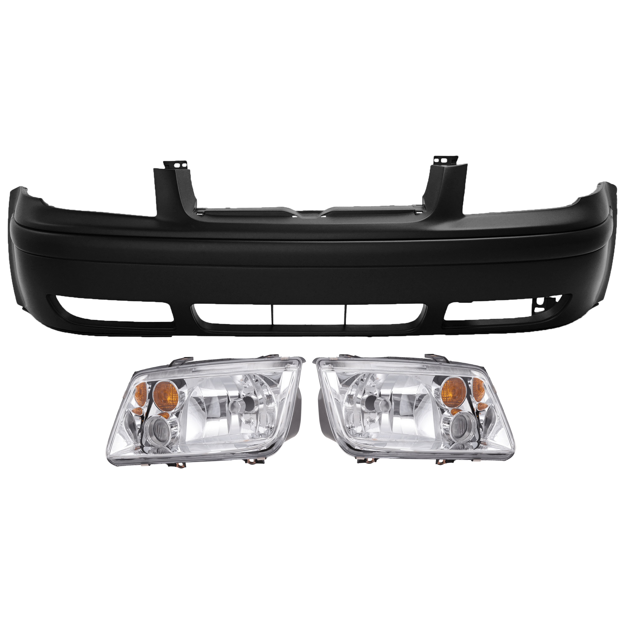 AM JETTA 02-05 HEAD LAMP RH AND LH 3 pc Kit Lens and Housing Halogen with Bumper Cover SKU KIT 072926 NM71 Partslink VW2502125 VW2503124 VW1000179 OEM 1J5941017BJ 1J5941018BH 1J5807