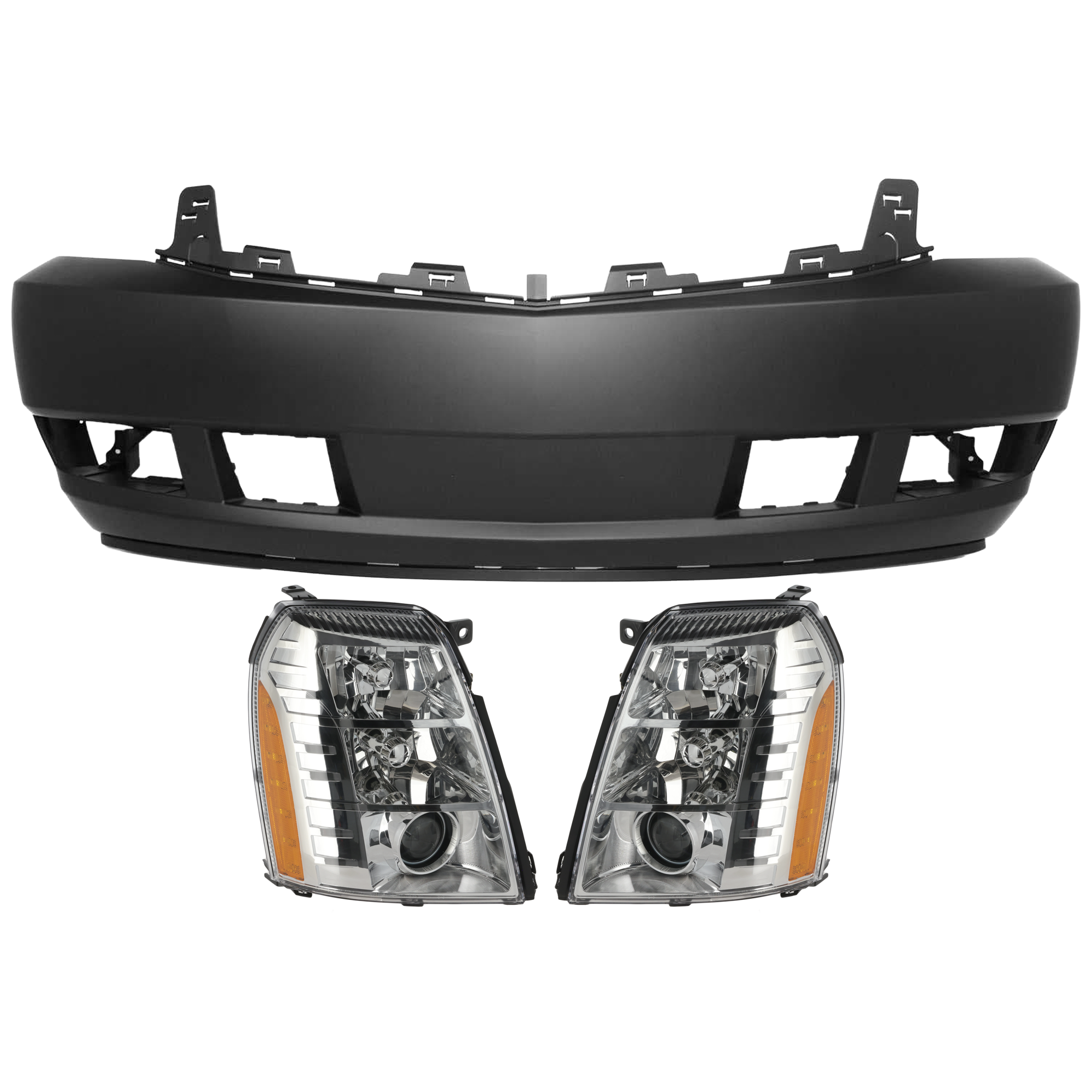 AM ESCALADE 09-14 ESCALADE ESV 07-14 HEAD LAMP RH AND LH 3 pc Kit Assembly HID Xenon with Bumper Cover SKU KIT 072926 NM72 Partslink GM2502348C GM2503348C GM1000816C OEM 20806108-20806109-25814554