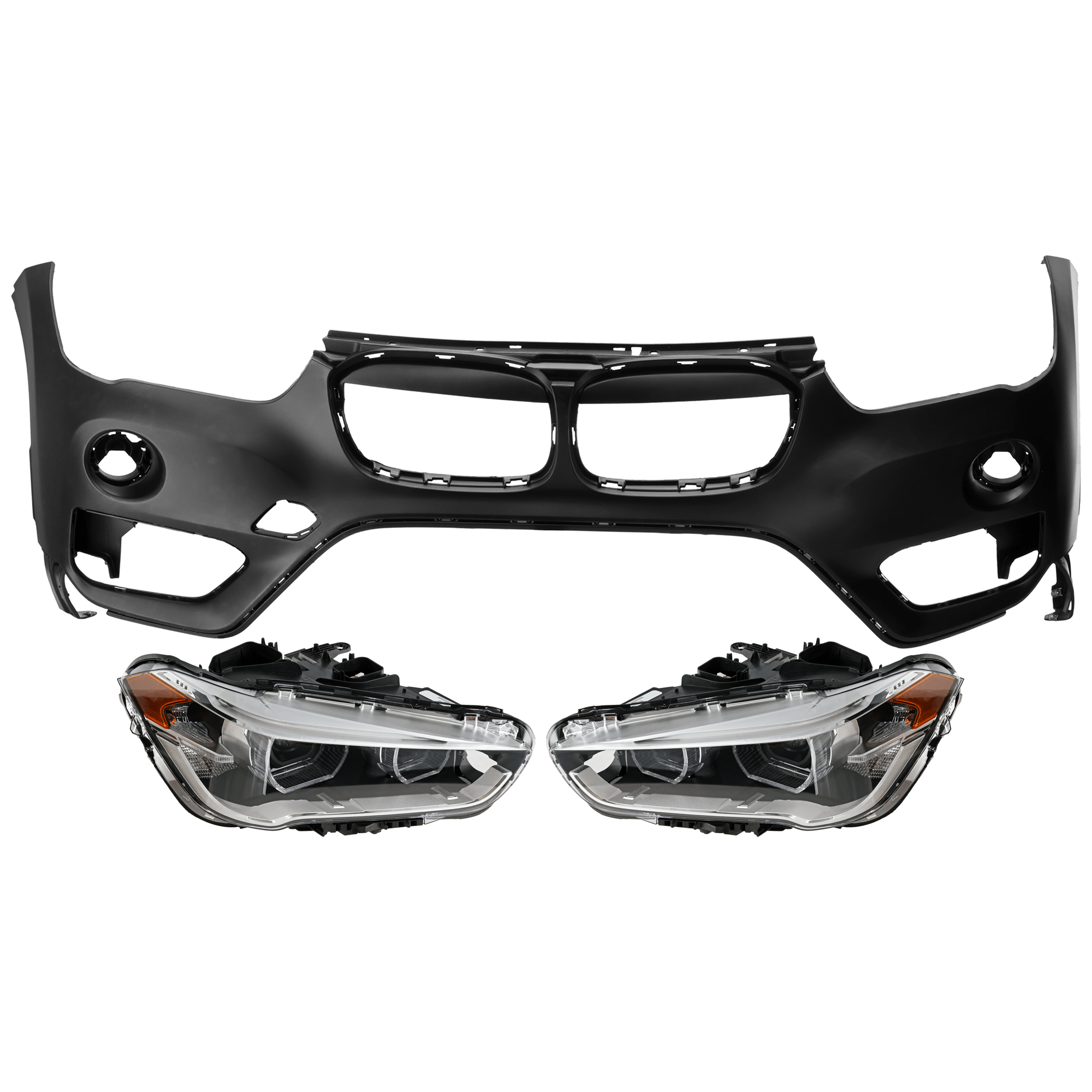 AM X1-17-19 HEAD LAMP RH AND LH 3 pc Kit Assembly LED with Bumper Cover SKU KIT 072926 NM74 Partslink BM2518174 BM2519174 BM1014100 OEM 63117436465-63117436466-511174