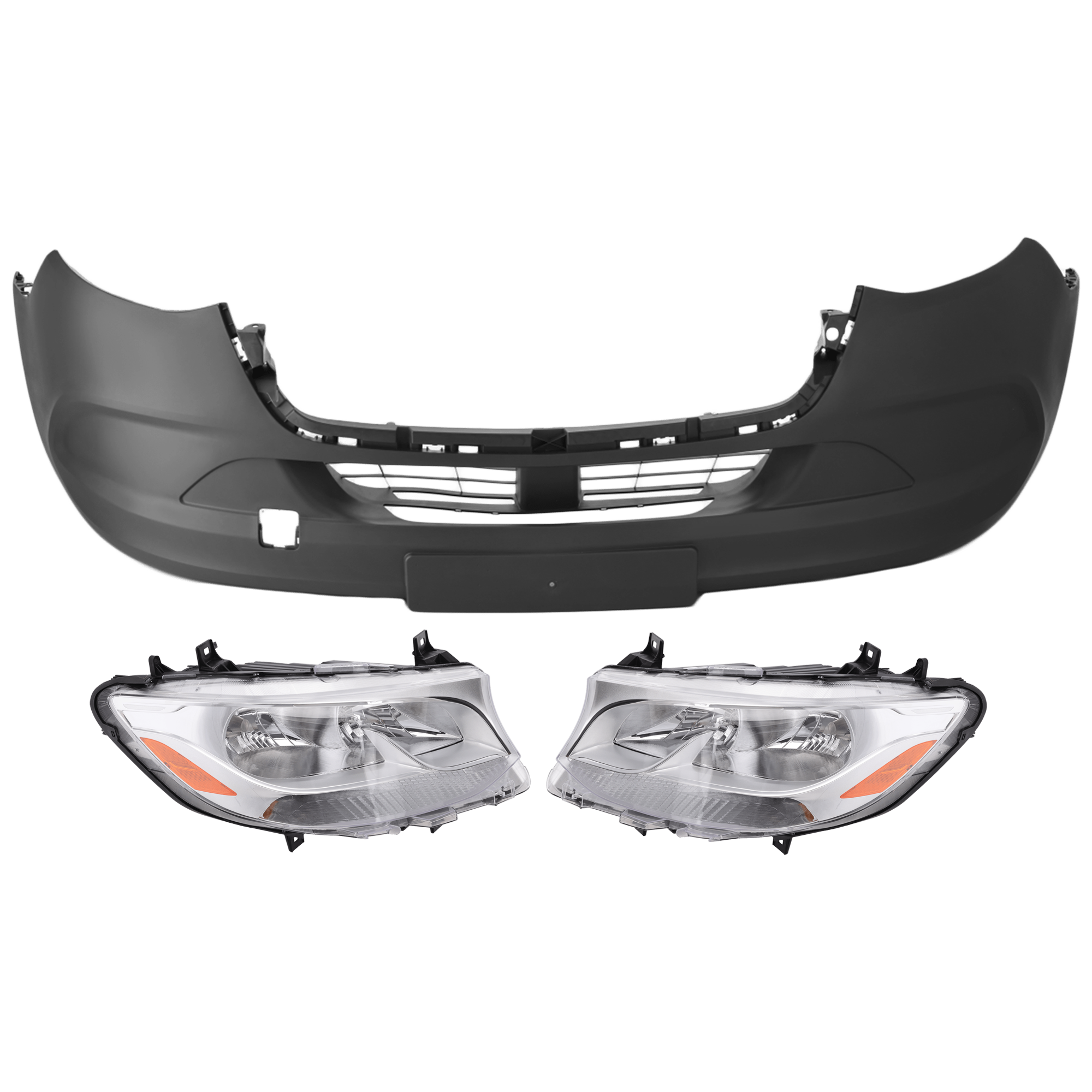 AM SPRINTER 19-22 FRONT BUMPER COVER 3 pc Kit Textured w o Fog Lamp and Front View Camera Holes w o Tow Hook Cover Cargo Passenger Van with Headlight SKU KIT 072926 NM78 Partslink MB1000609 MB2503259 MB2502259 OEM 91088593009K83-9109060500-9109